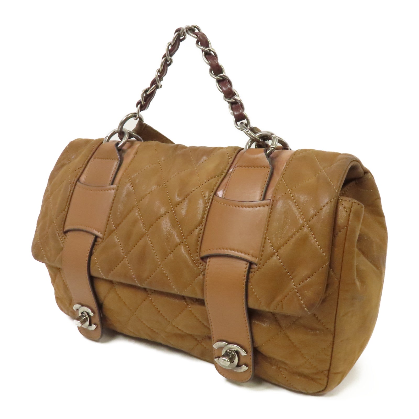 CHANEL 菱格皮革2 Way Shoulder銀扣手挽肩背兩用袋啡色