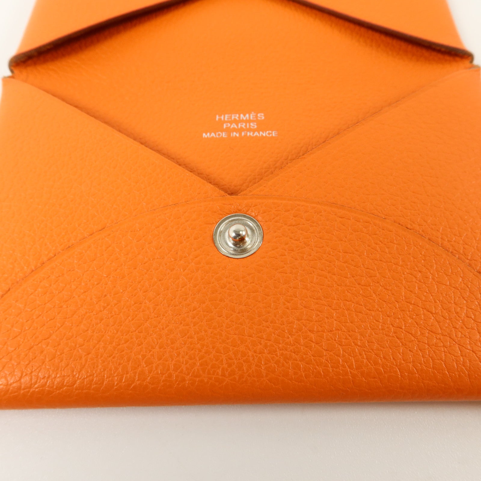 HERMES Mysore皮革Calvi Card Holder銀扣卡片套Orange
