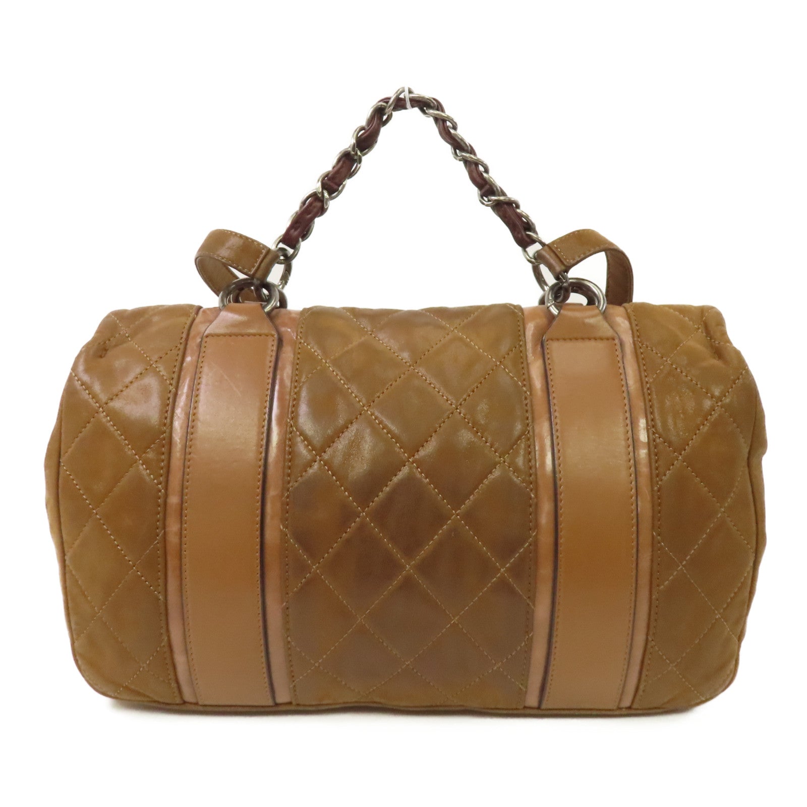 CHANEL 菱格皮革2 Way Shoulder銀扣手挽肩背兩用袋啡色