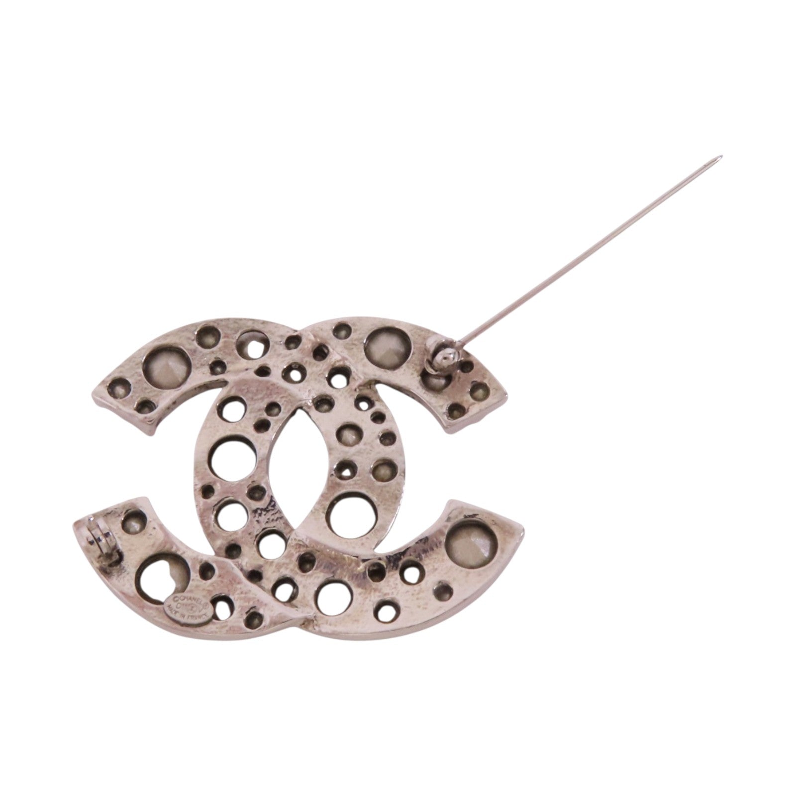 CHANEL 金屬/水鑽CC Brooch銀扣胸針