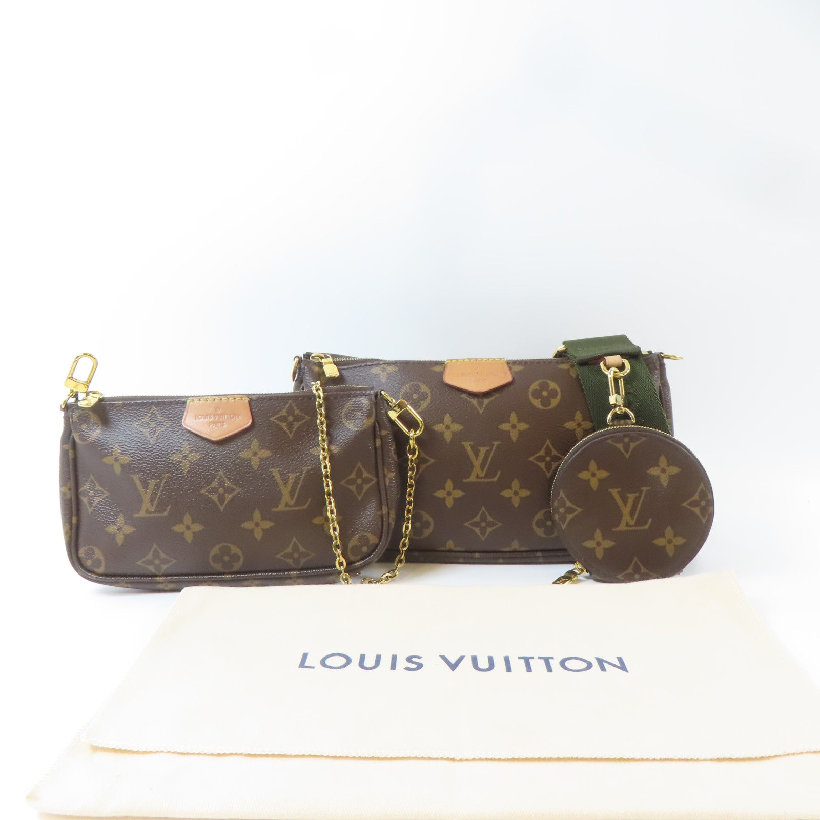 LOUIS VUITTON Monogram Multi Pochette Accessoires金扣手挽肩背兩用袋啡色/綠色