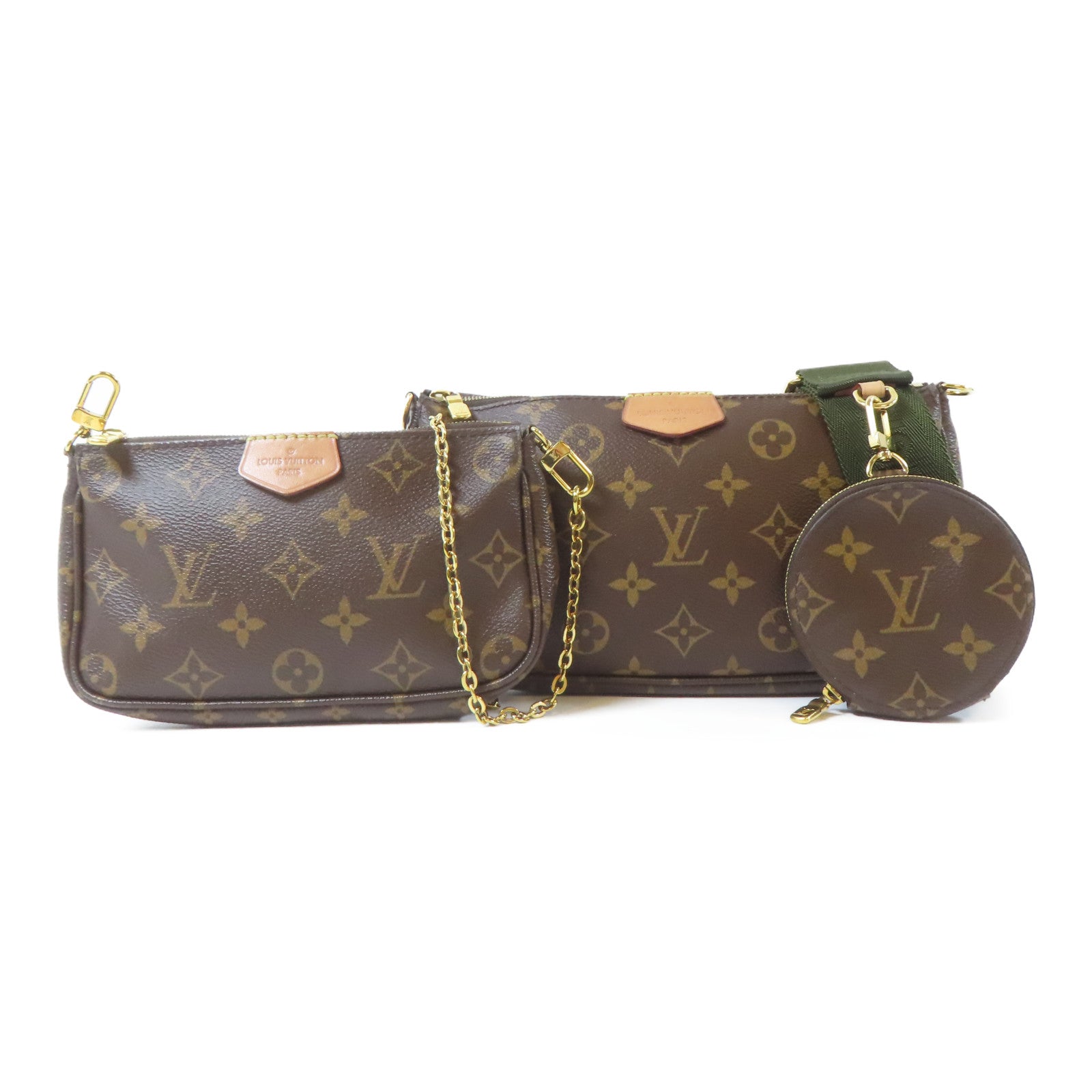 LOUIS VUITTON Monogram Multi Pochette Accessoires金扣手挽肩背兩用袋啡色/綠色