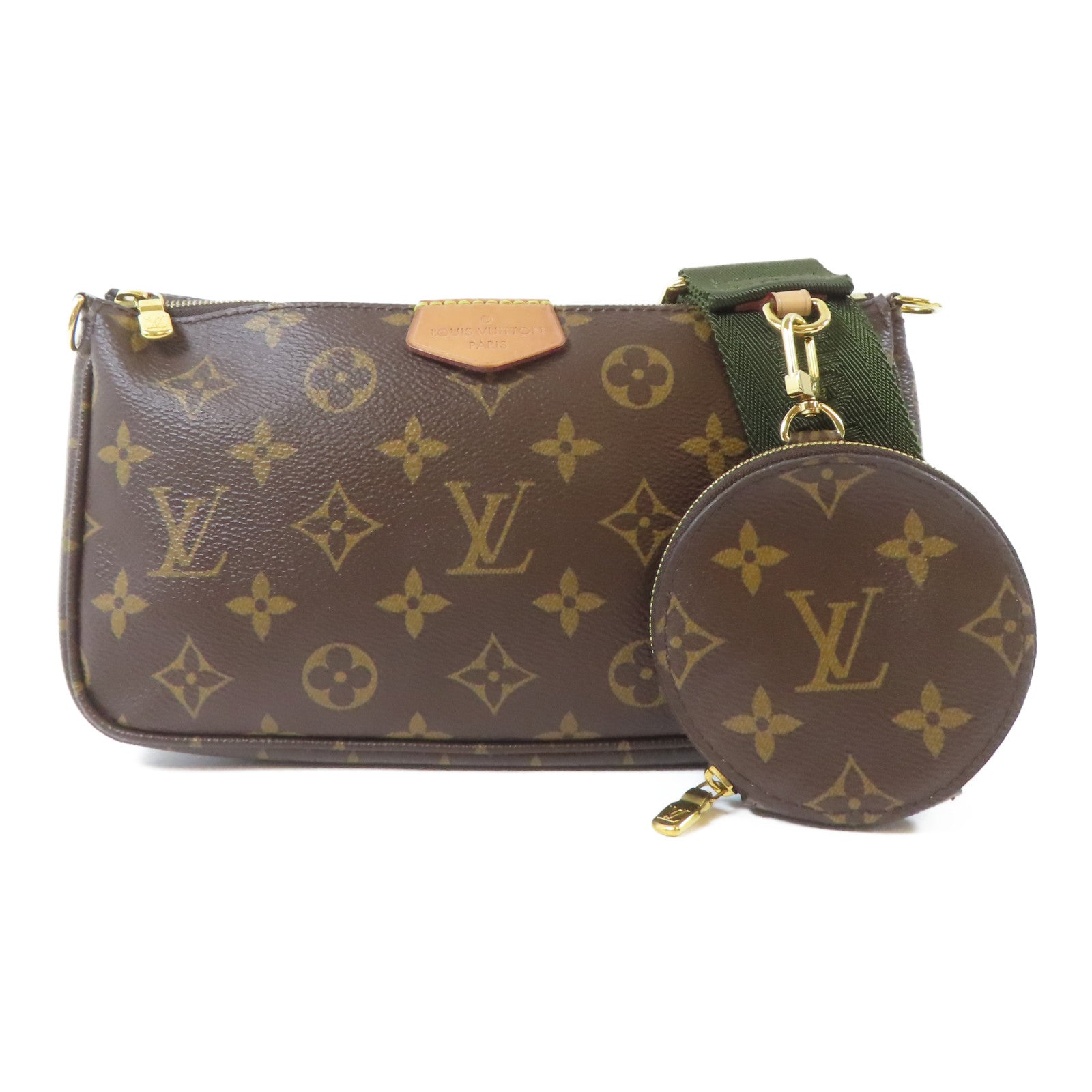 LOUIS VUITTON Monogram Multi Pochette Accessoires金扣手挽肩背兩用袋啡色/綠色