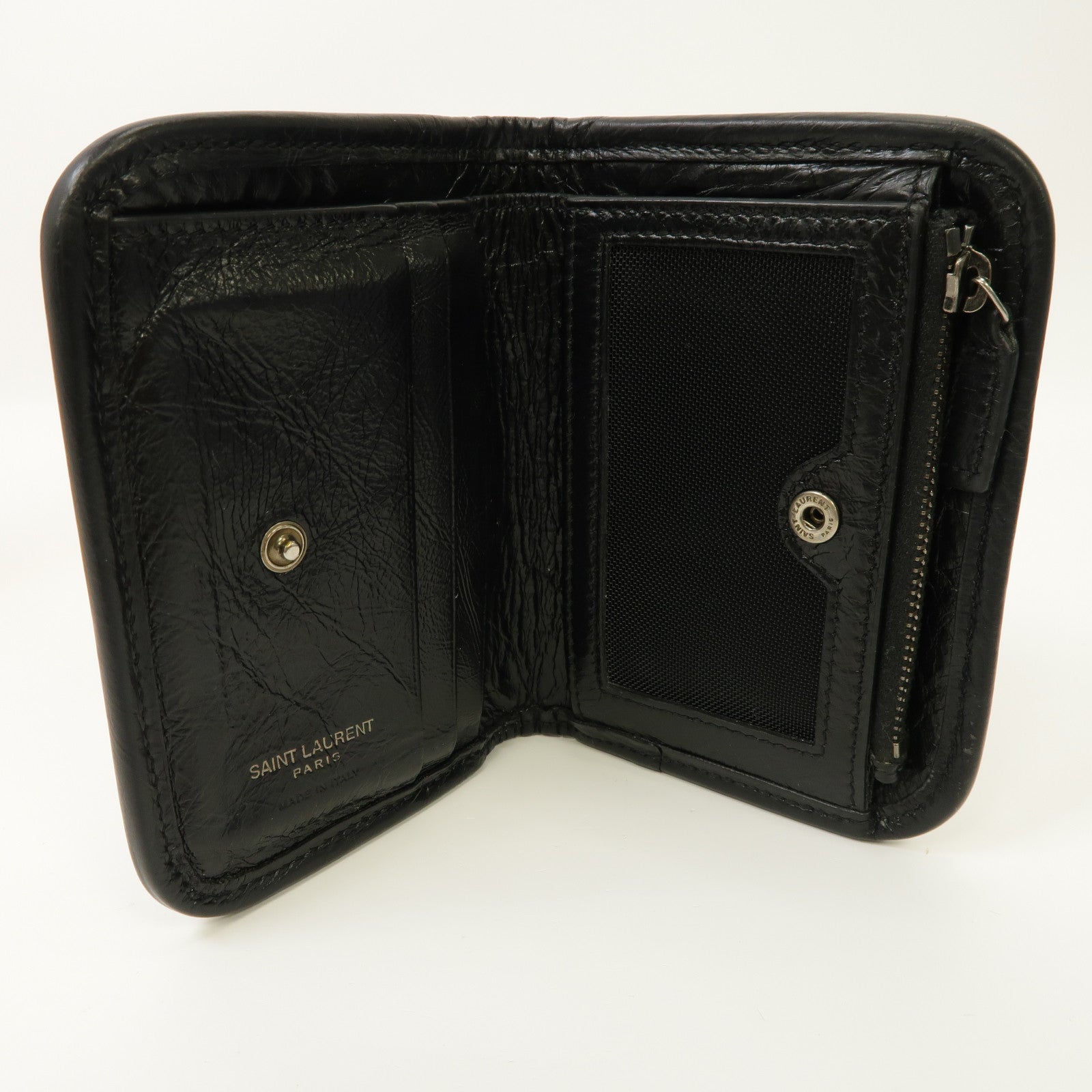 SAINT LAURENT 【激減優惠】斜紋牛皮皮革Niki Wallet銀扣折疊錢包黑色