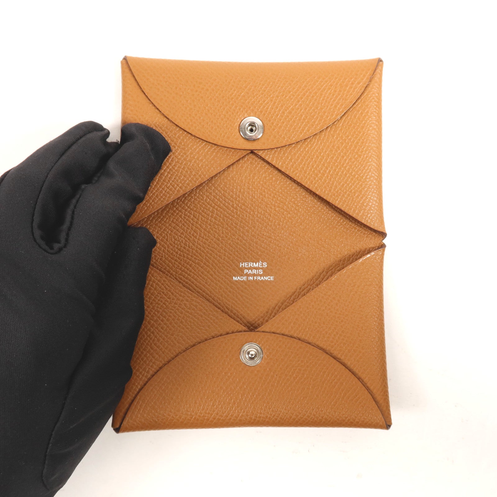 HERMES Epsom皮革Calvi銀扣卡片套Gold