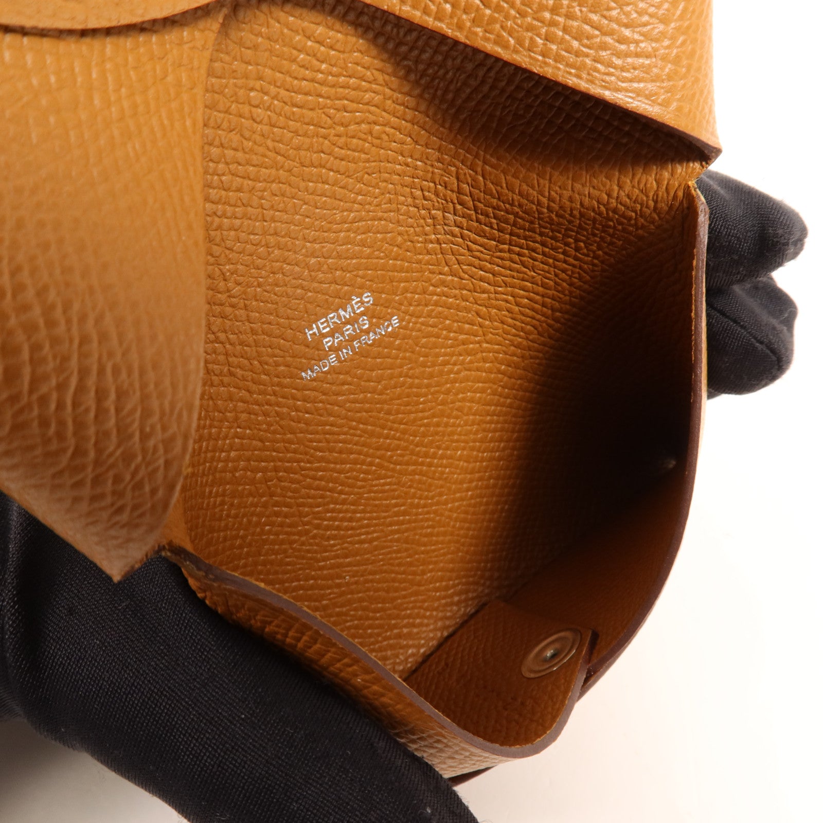 HERMES Epsom皮革Calvi銀扣卡片套Gold