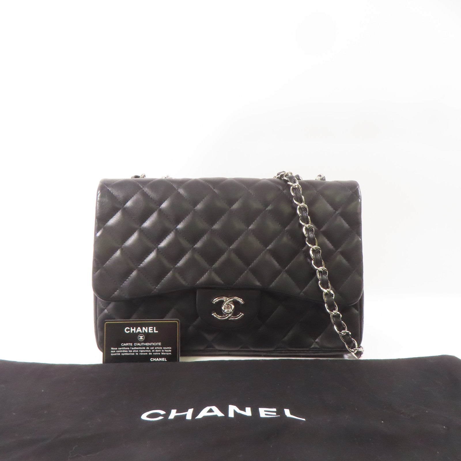 CHANEL 羊皮皮革Large Classic銀扣鏈帶肩背袋黑色