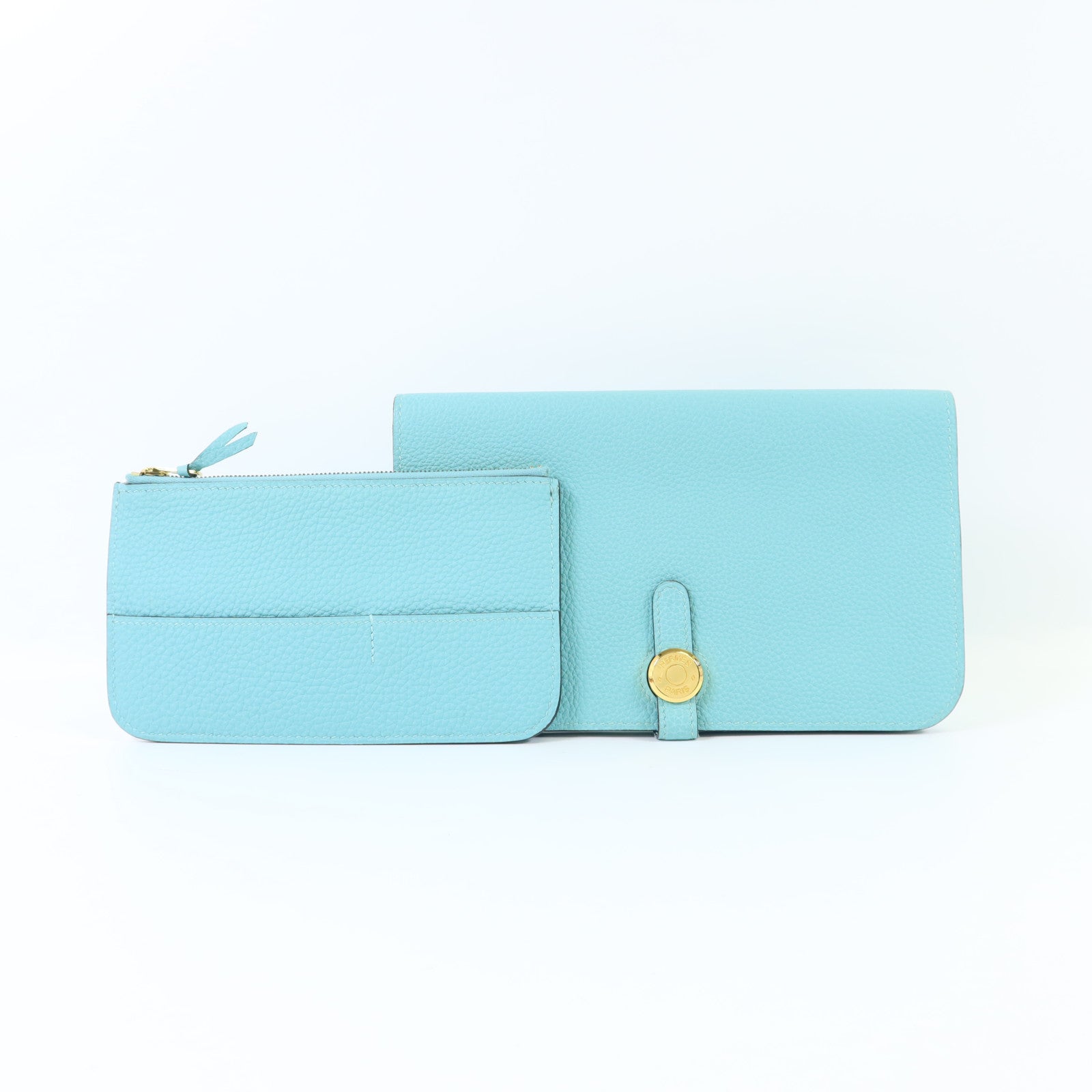HERMES Clemence皮革Dogon GM金扣長錢包Bleu Atoll