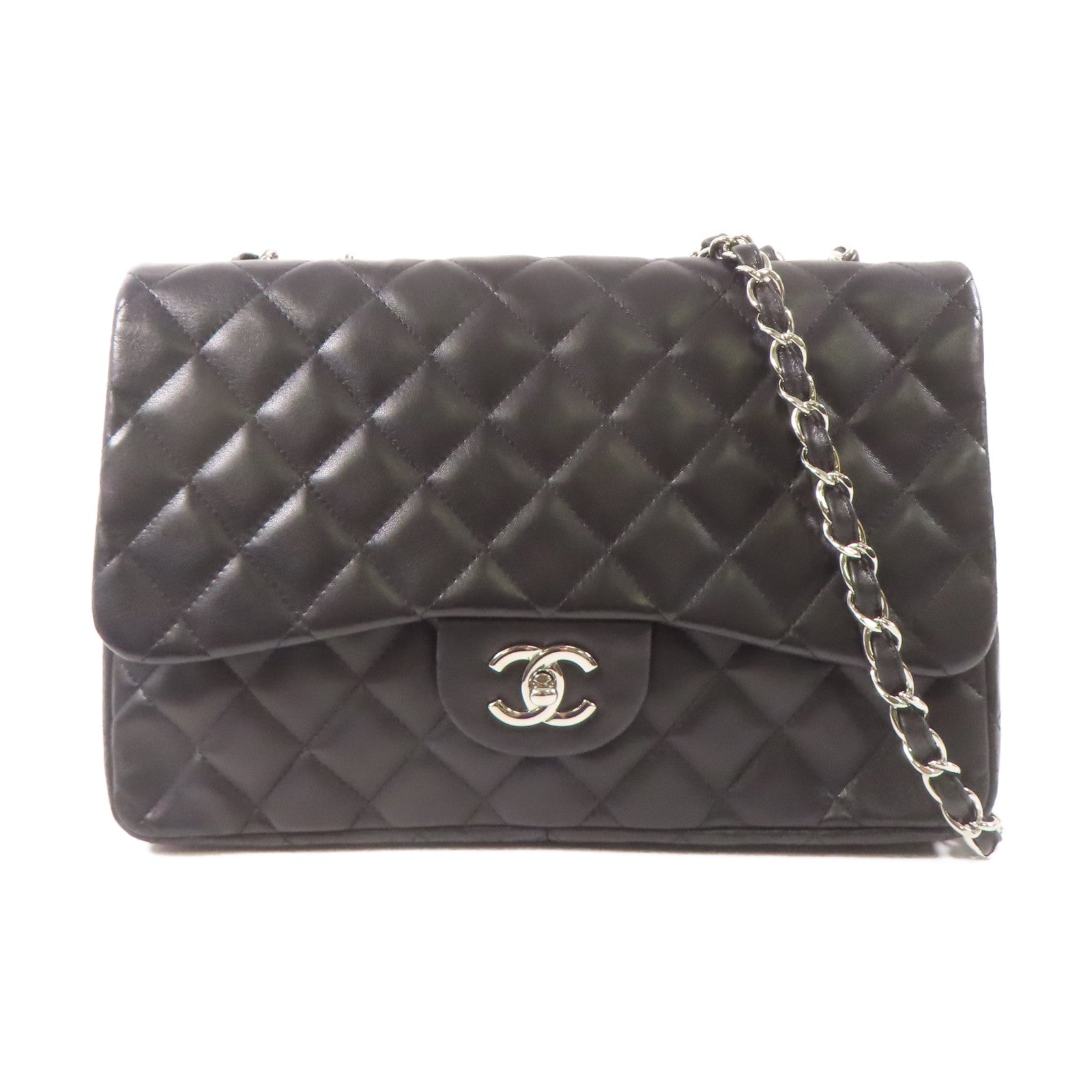 CHANEL 羊皮皮革Large Classic銀扣鏈帶肩背袋黑色