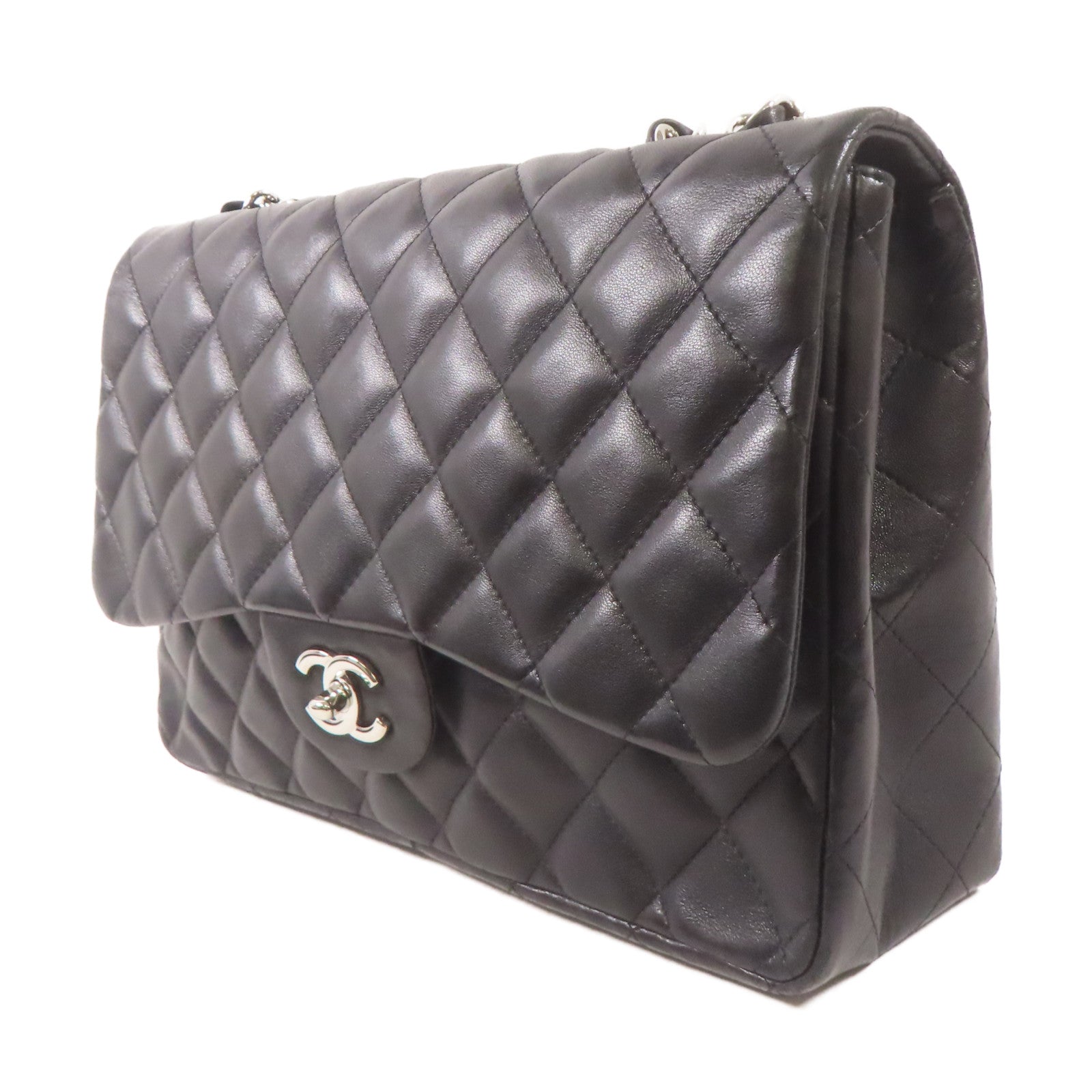 CHANEL 羊皮皮革Large Classic銀扣鏈帶肩背袋黑色