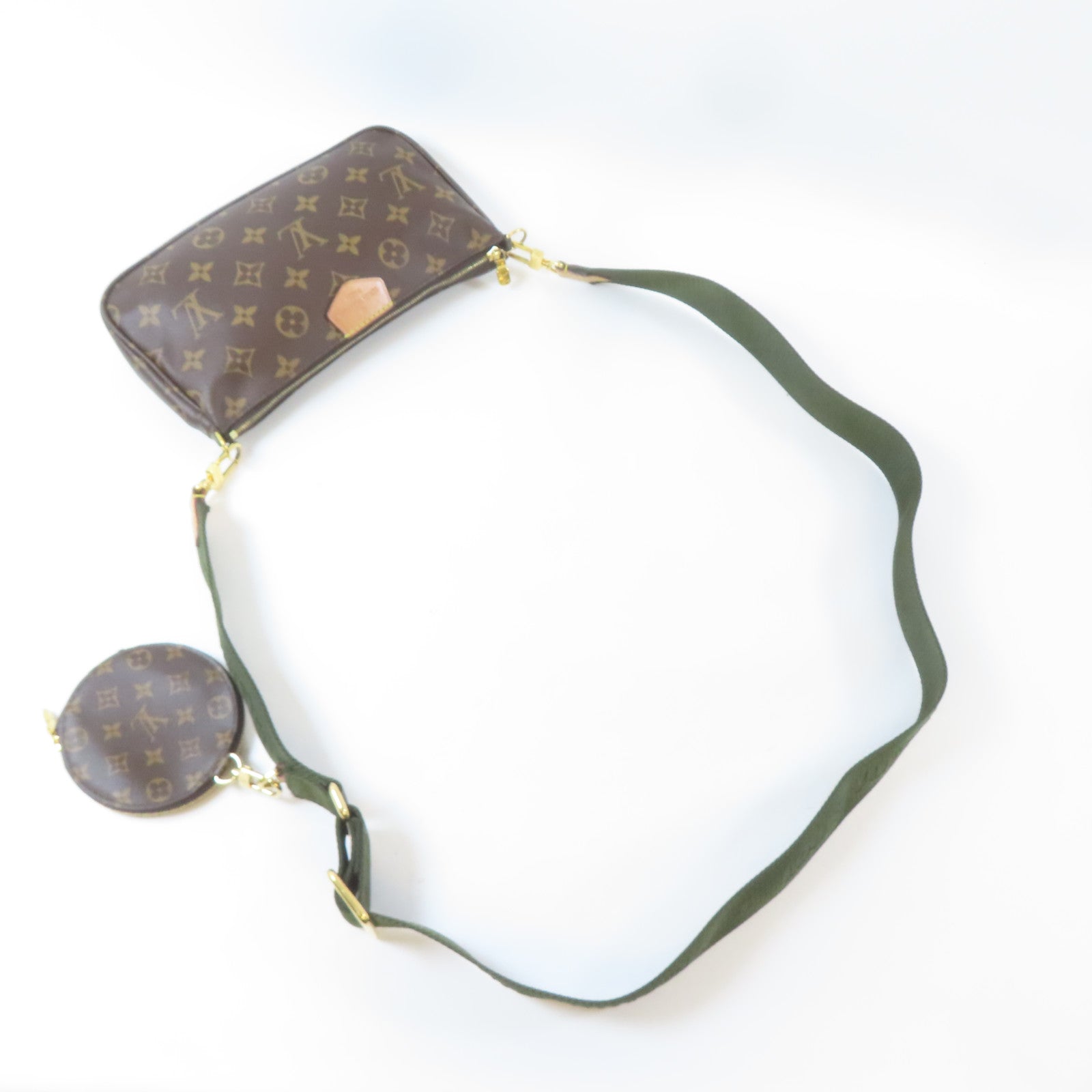 LOUIS VUITTON Monogram Multi Pochette Accessoires金扣手挽肩背兩用袋啡色/綠色