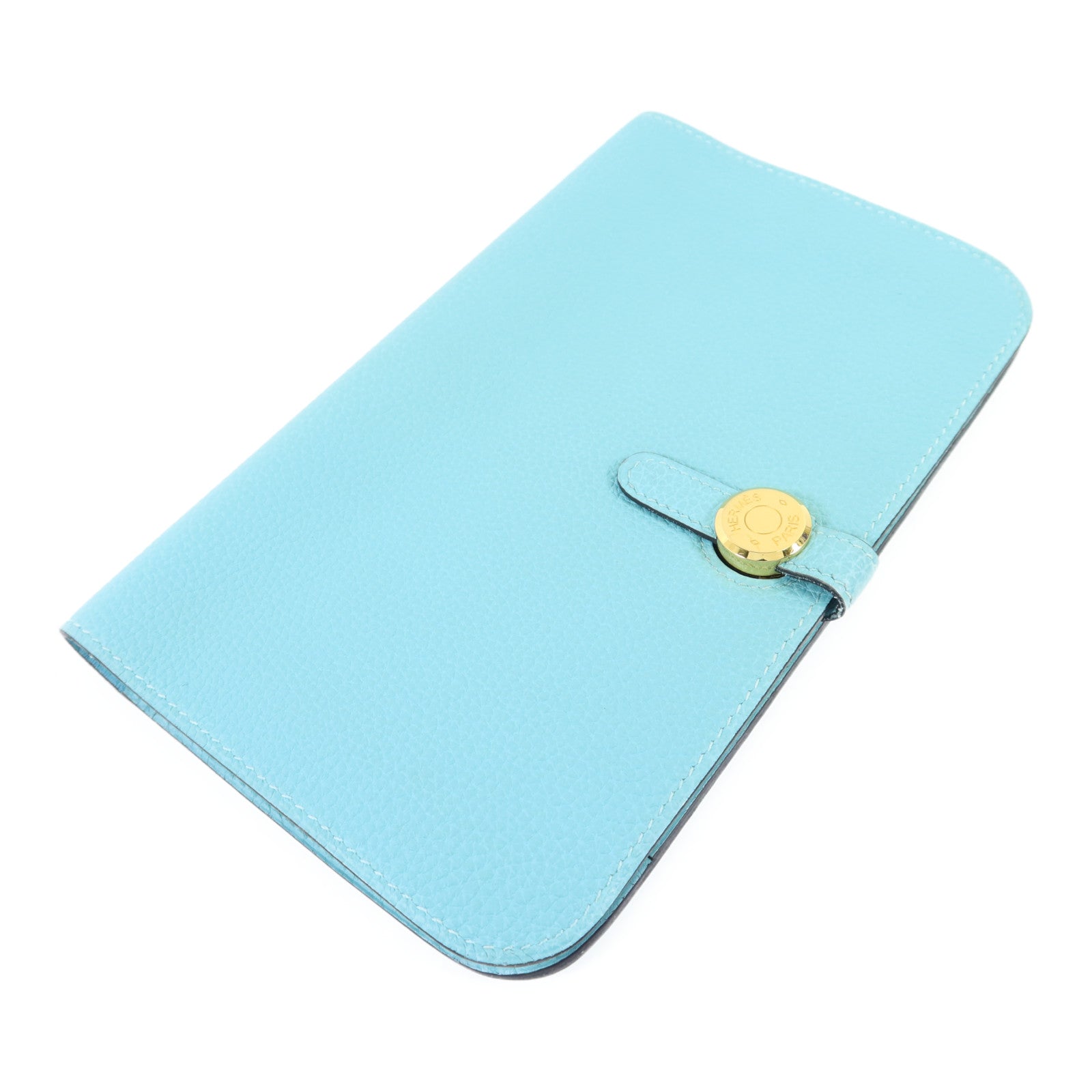 HERMES Clemence皮革Dogon GM金扣長錢包Bleu Atoll