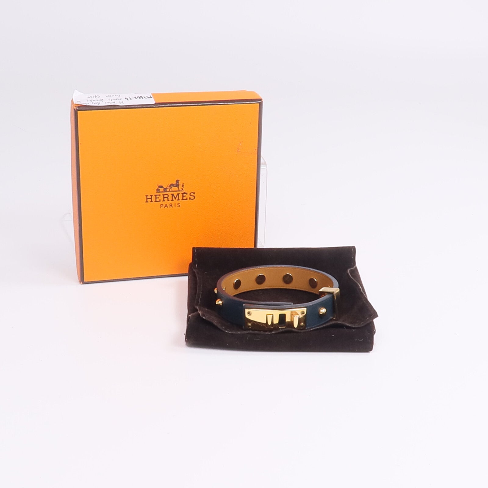 HERMES Swift皮革Mini Dog Clous Ronds Bracelet手鏈Vert Cypress