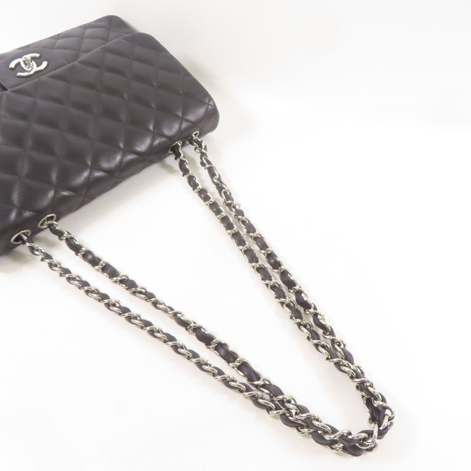 CHANEL 羊皮皮革Large Classic銀扣鏈帶肩背袋黑色