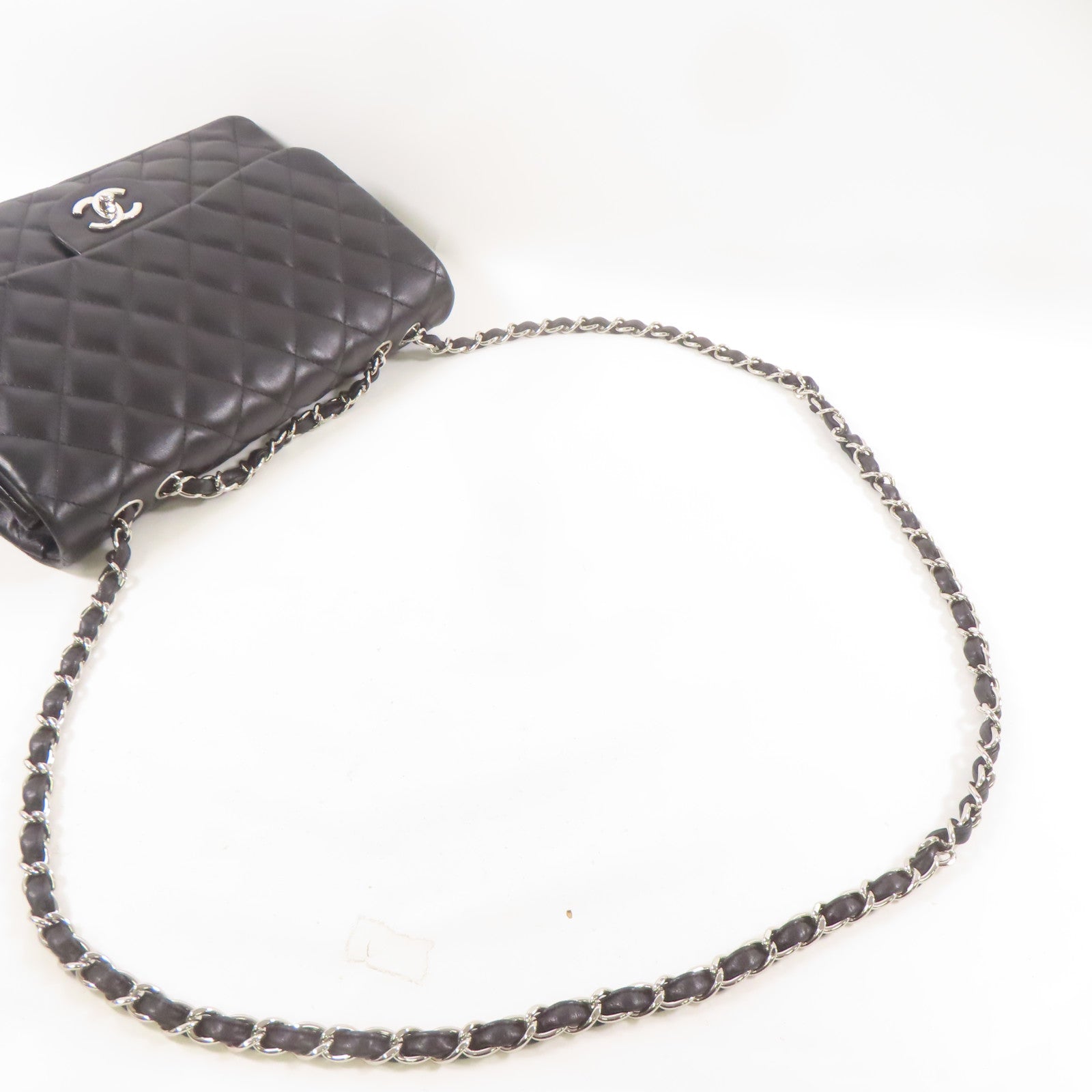 CHANEL 羊皮皮革Large Classic銀扣鏈帶肩背袋黑色