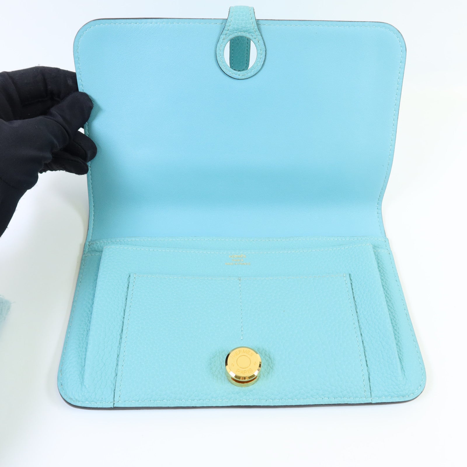 HERMES Clemence皮革Dogon GM金扣長錢包Bleu Atoll