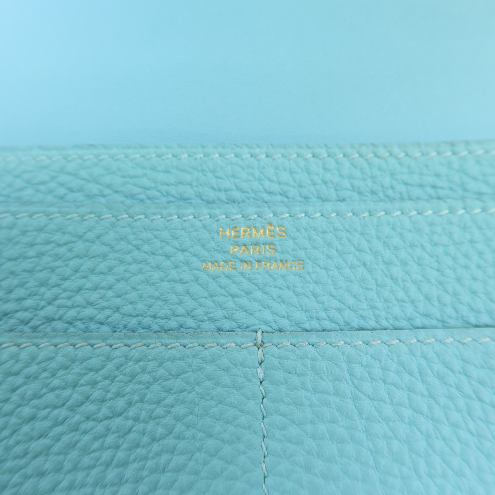 HERMES Clemence皮革Dogon GM金扣長錢包Bleu Atoll