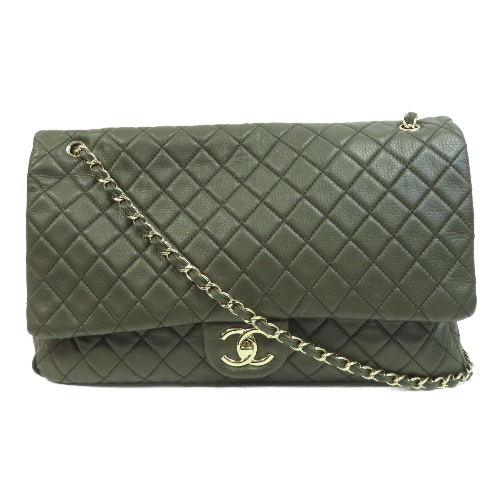 CHANEL Caviar皮革Shoulder Bag金扣鏈帶肩背袋綠色