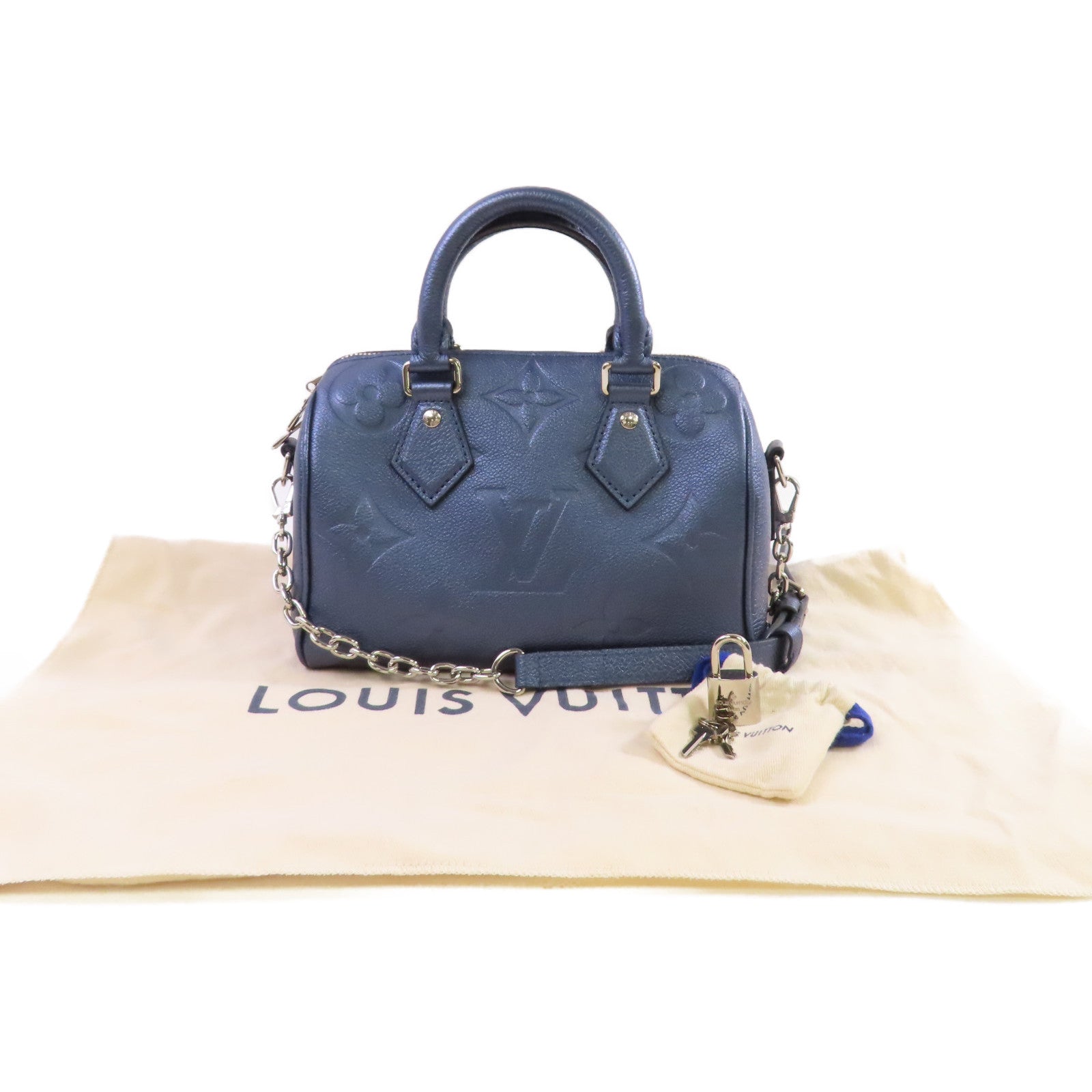 LOUIS VUITTON Monogram Empreinte Speedy Bandouliere 20 2way Shoulder Bag銀扣手挽肩背兩用袋藍色
