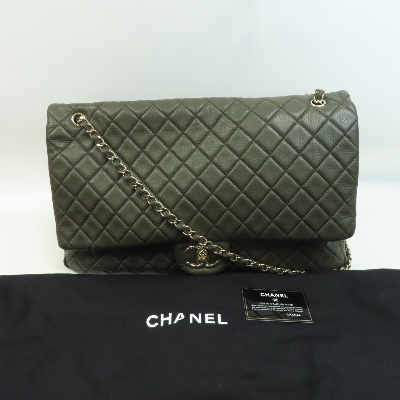 CHANEL Caviar皮革Shoulder Bag金扣鏈帶肩背袋綠色