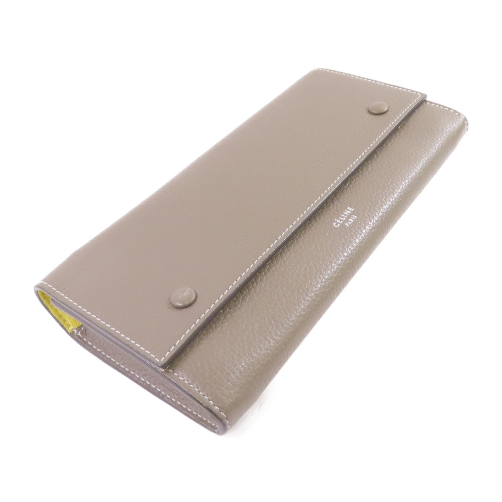 CELINE 牛皮皮革Fold Long Wallet銀扣長錢包灰色/黃色