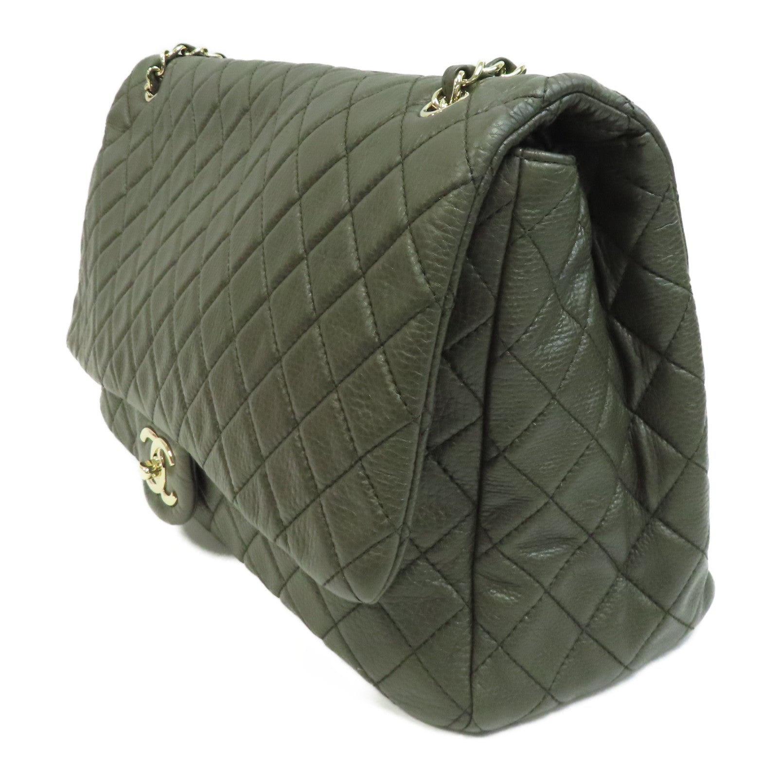 CHANEL Caviar皮革Shoulder Bag金扣鏈帶肩背袋綠色