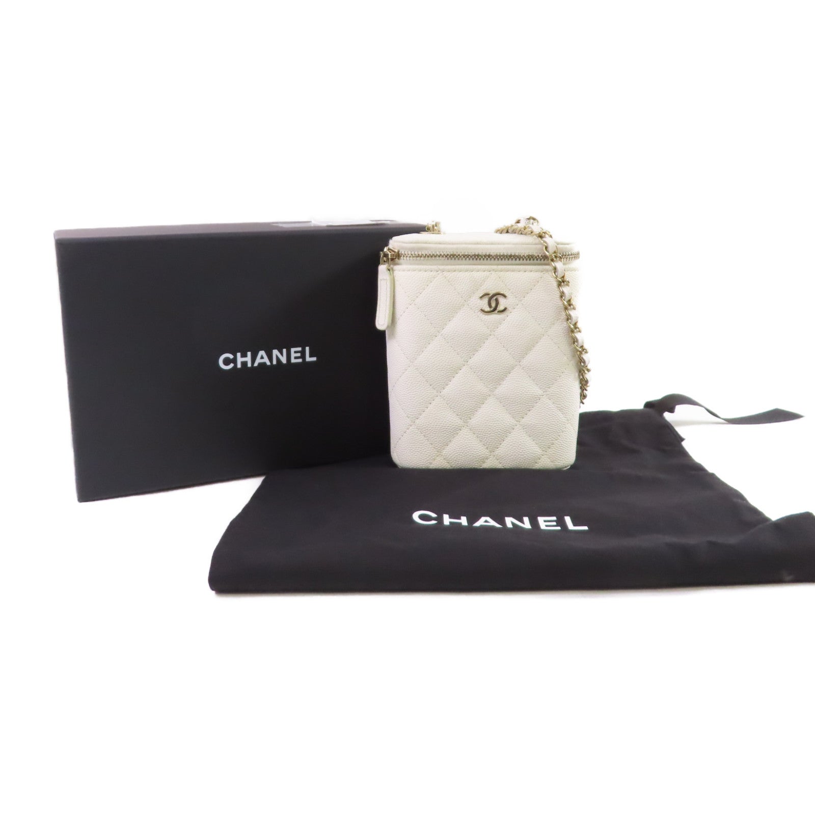 CHANEL 牛皮皮革Vanity Case Chain Shoulder Bag金扣鏈帶肩背袋白色