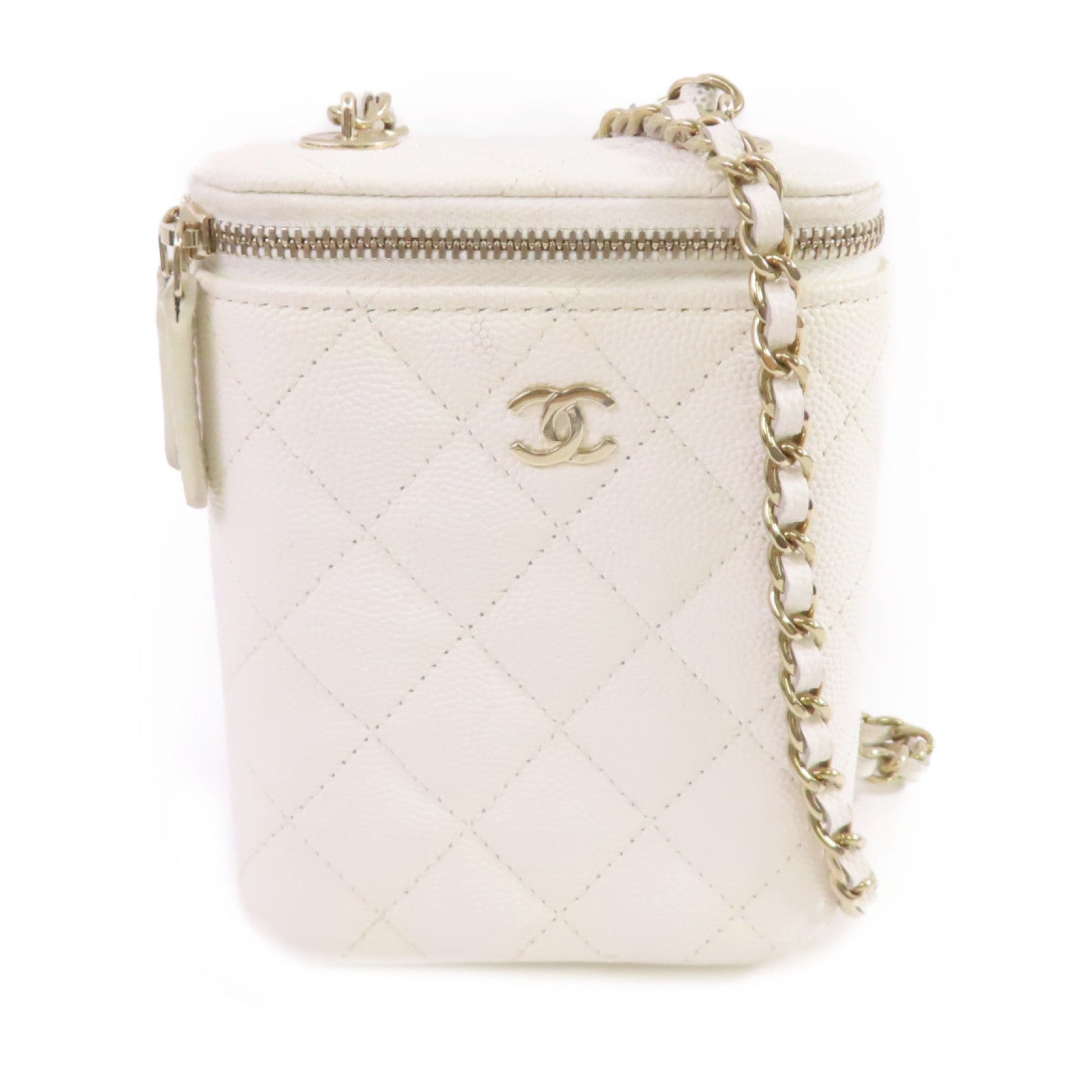 CHANEL 牛皮皮革Vanity Case Chain Shoulder Bag金扣鏈帶肩背袋白色