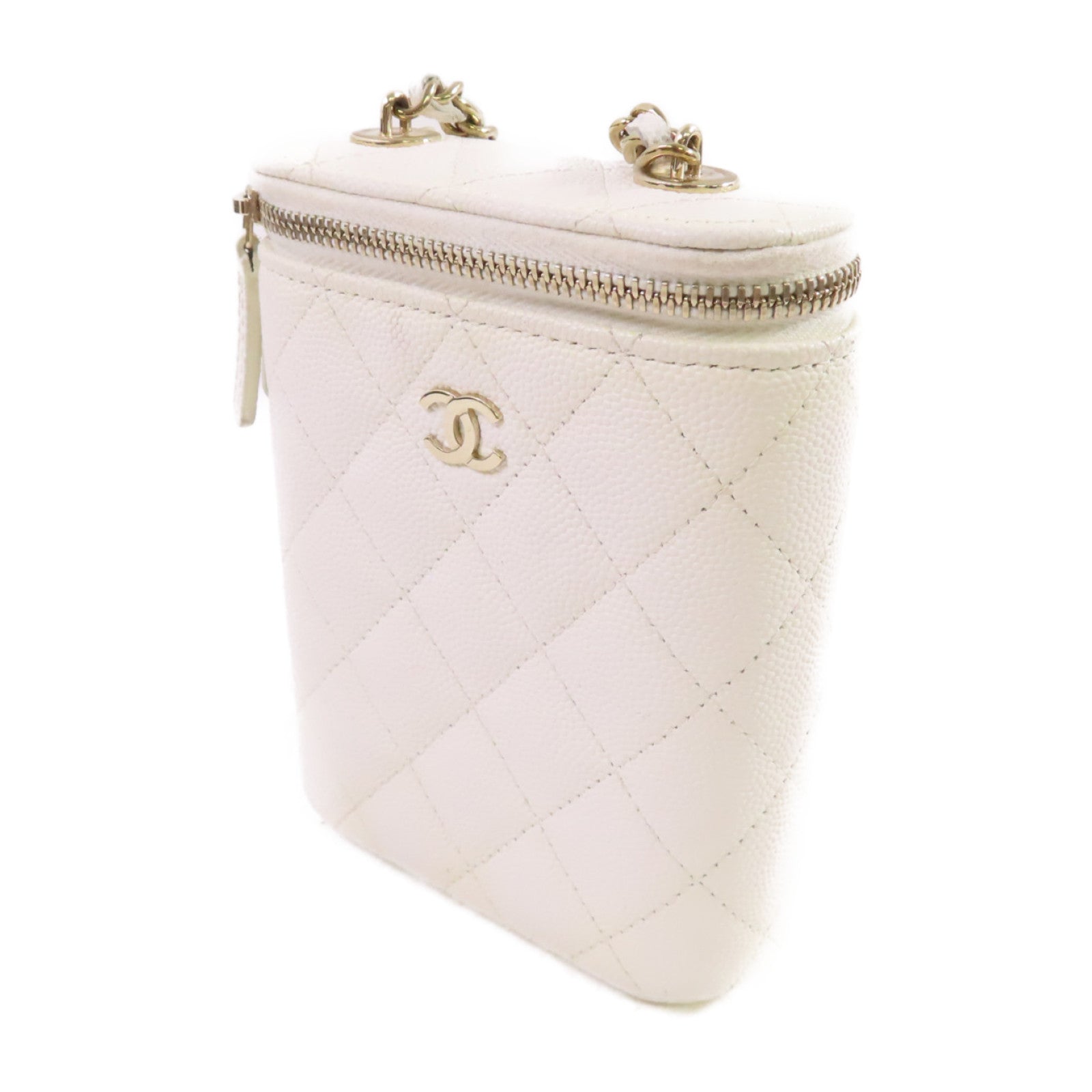 CHANEL 牛皮皮革Vanity Case Chain Shoulder Bag金扣鏈帶肩背袋白色
