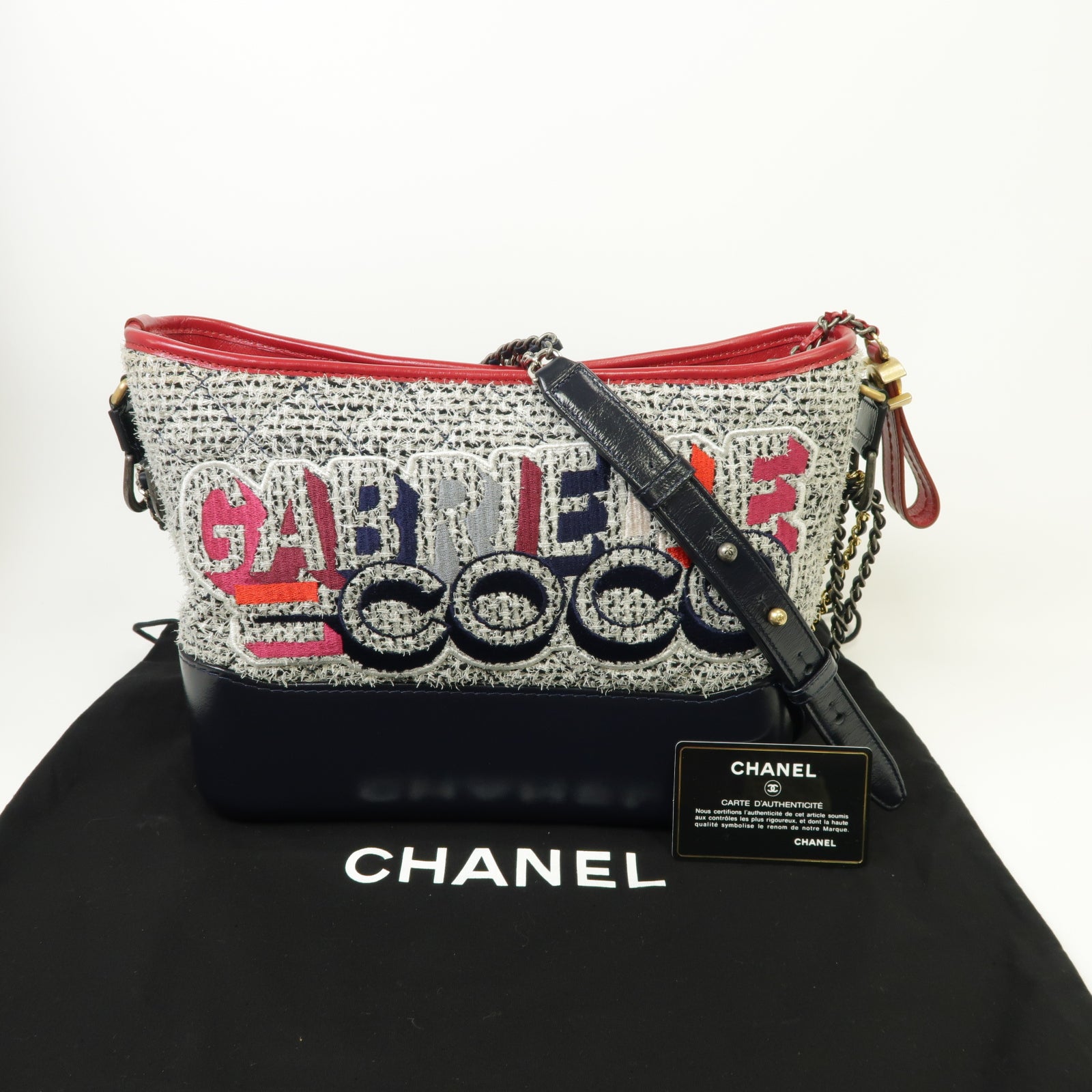 CHANEL 【激減優惠】斜紋軟呢Gabrielle金扣/銀扣鏈帶肩背袋深藍色/紅色/白色
