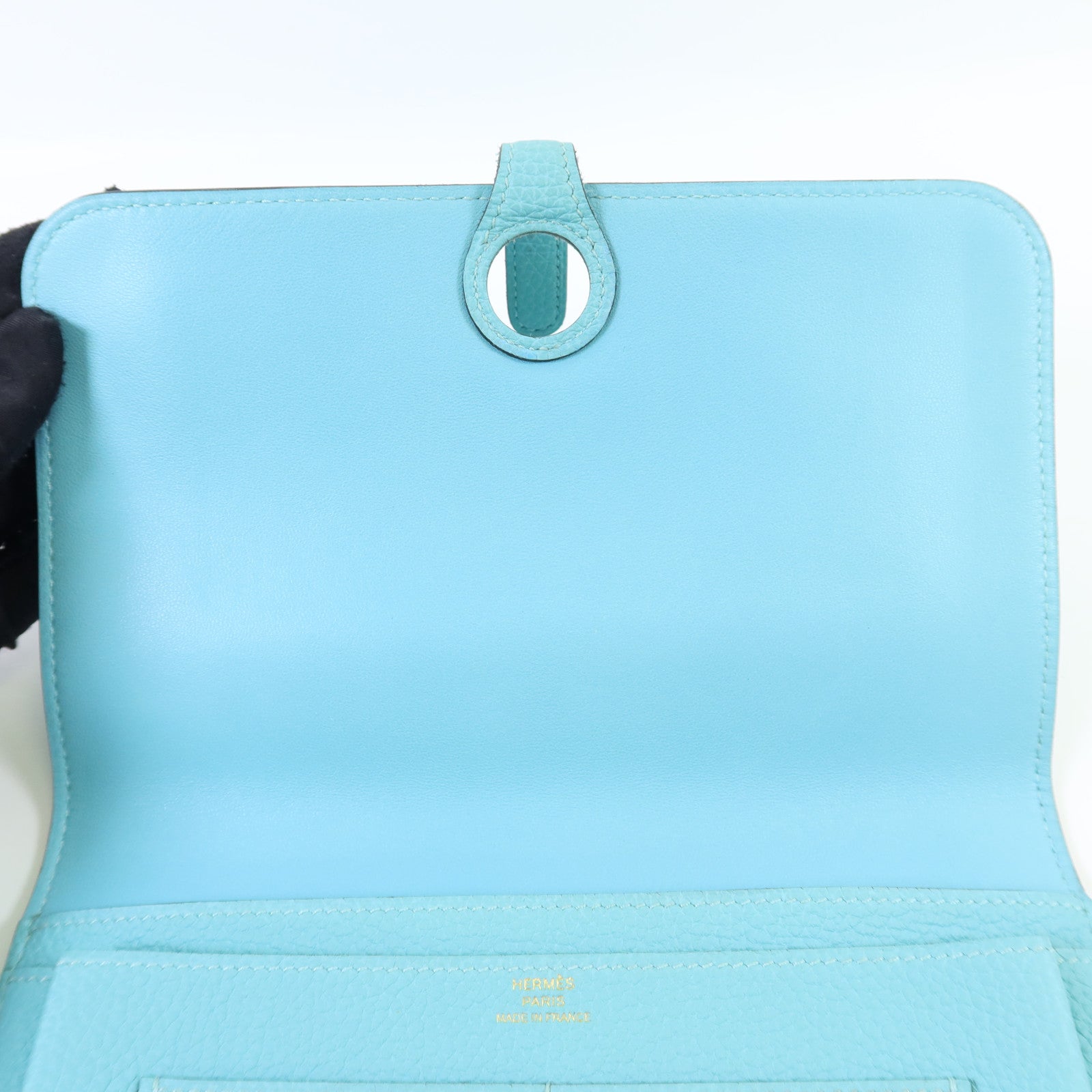 HERMES Clemence皮革Dogon GM金扣長錢包Bleu Atoll