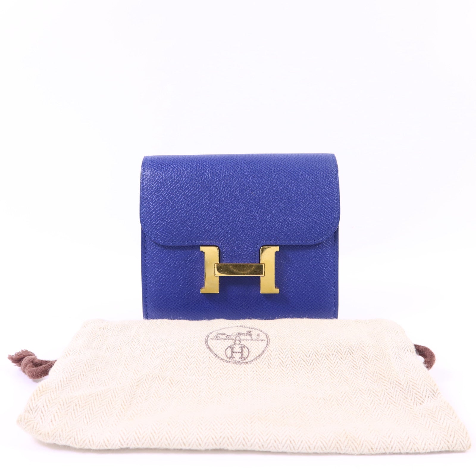 HERMES Epsom皮革Constance金扣錢包Bleu Electrique