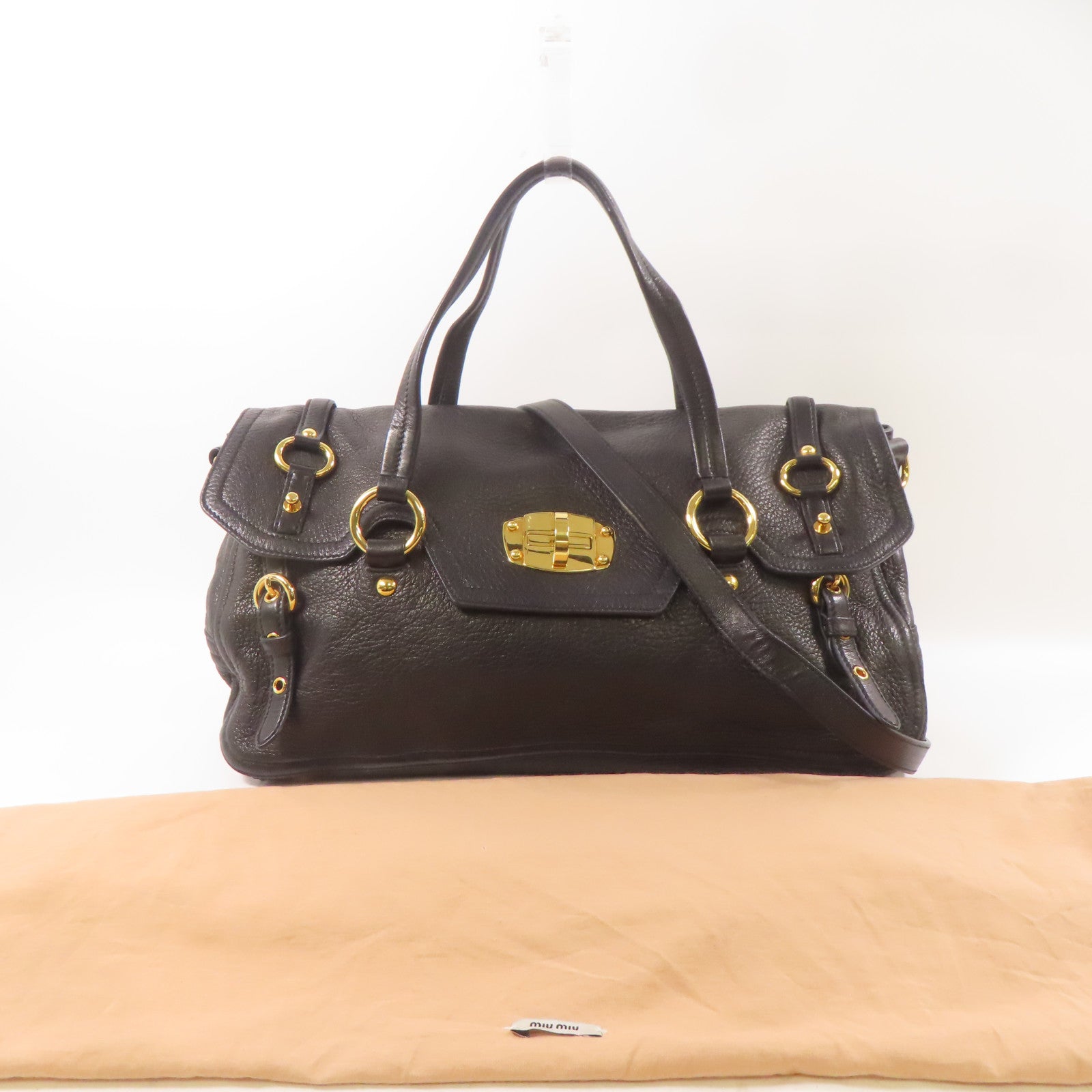Miu Miu 牛皮皮革East West金扣手挽肩背兩用袋黑色