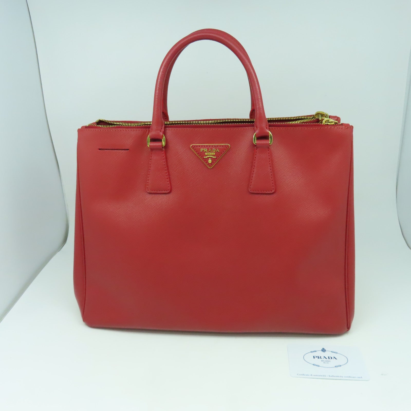 PRADA 【激減優惠】Saffiano皮革Hand Bag金扣手挽袋紅色