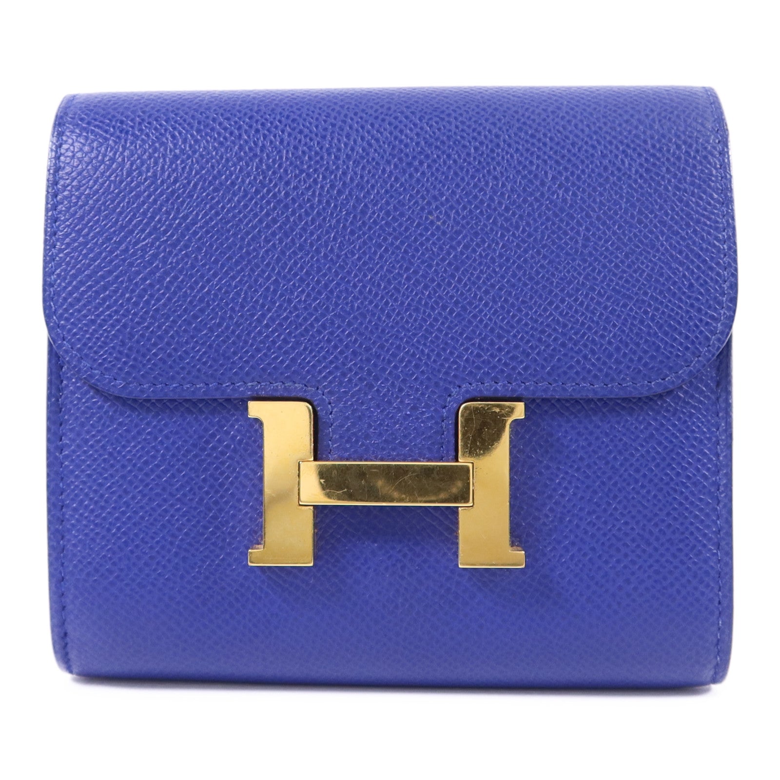 HERMES Epsom皮革Constance金扣錢包Bleu Electrique