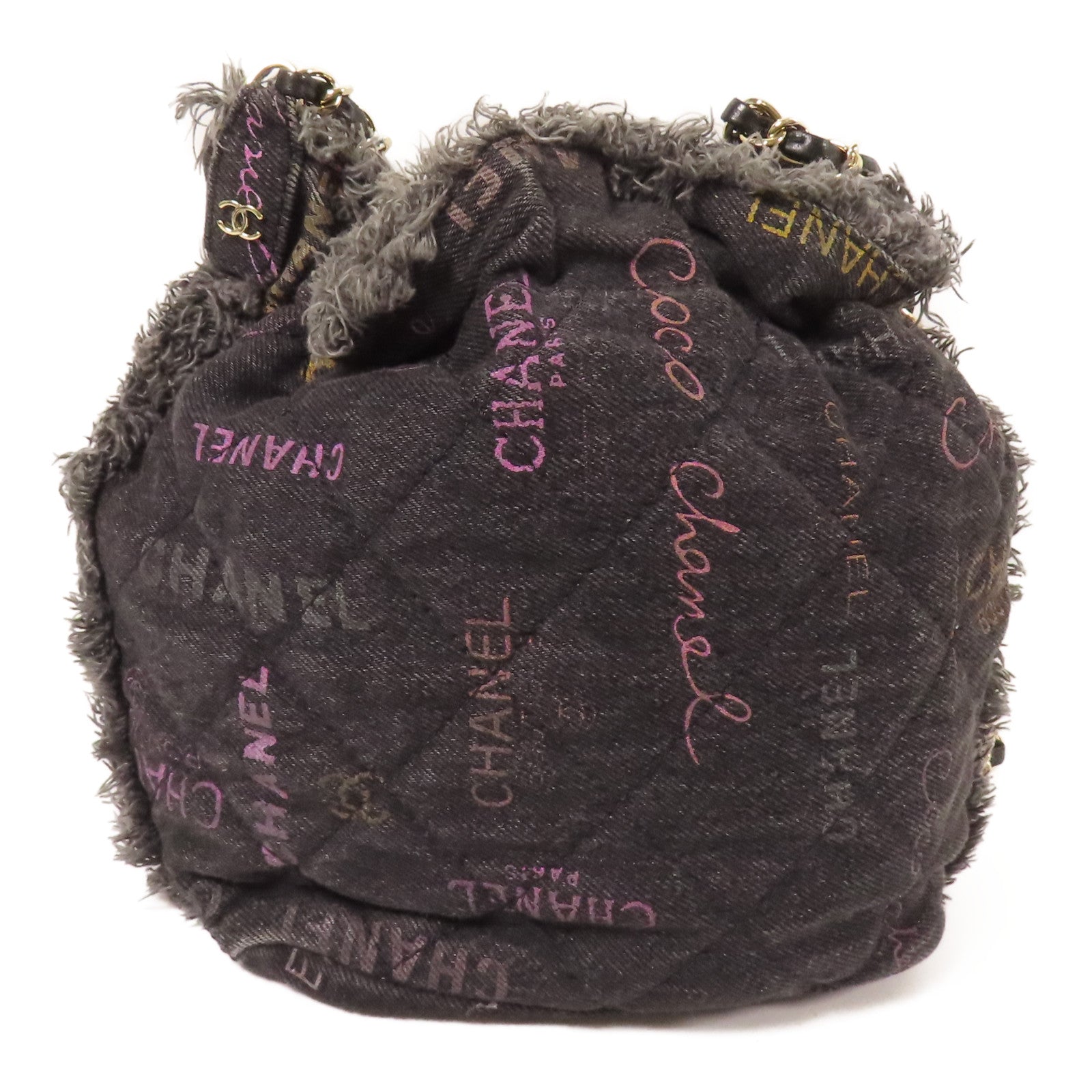 CHANEL 牛仔布Bucket Bag銀扣鏈帶肩背袋