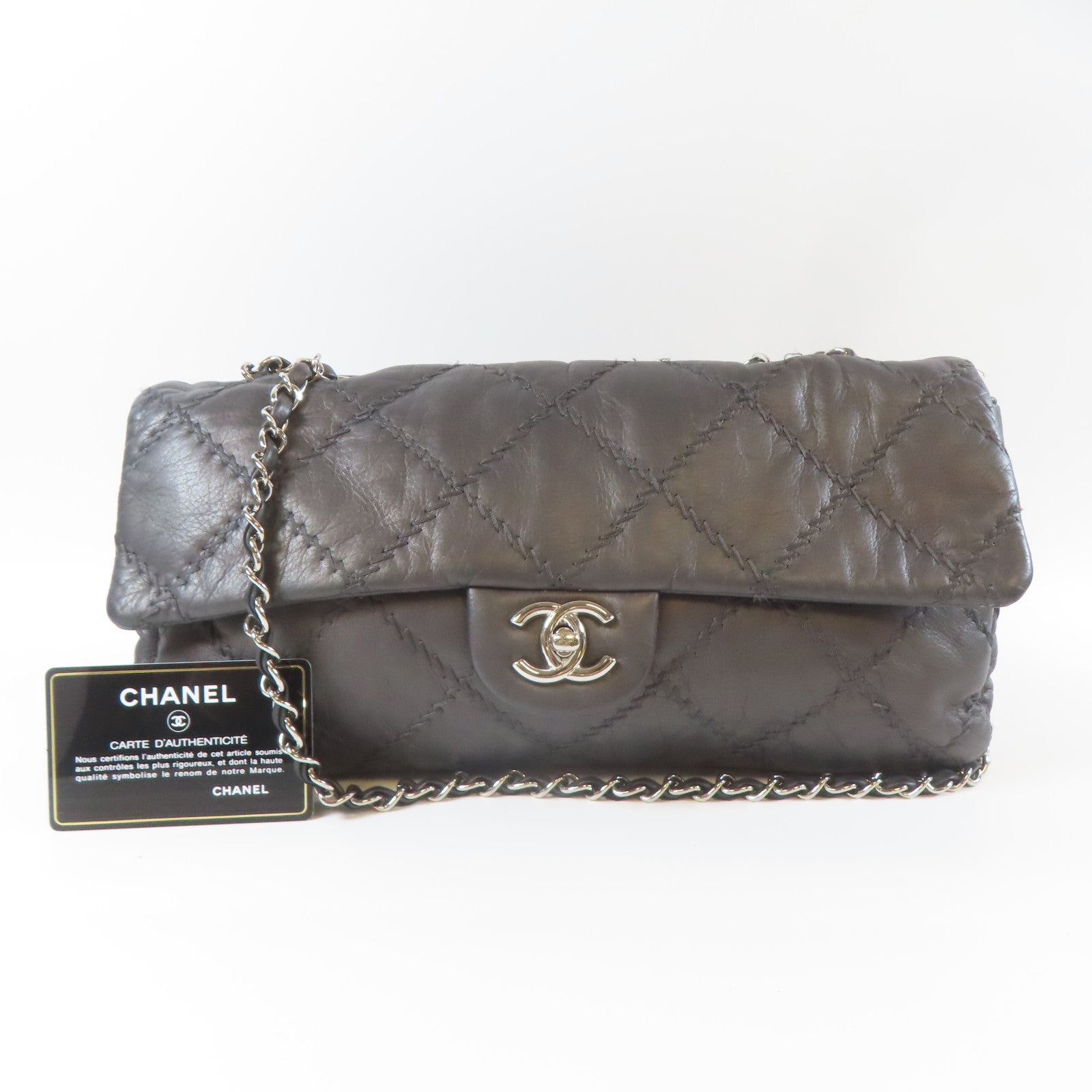 CHANEL 【激減優惠】菱格牛皮皮革Chain Shoulder銀扣鏈帶肩背袋灰色