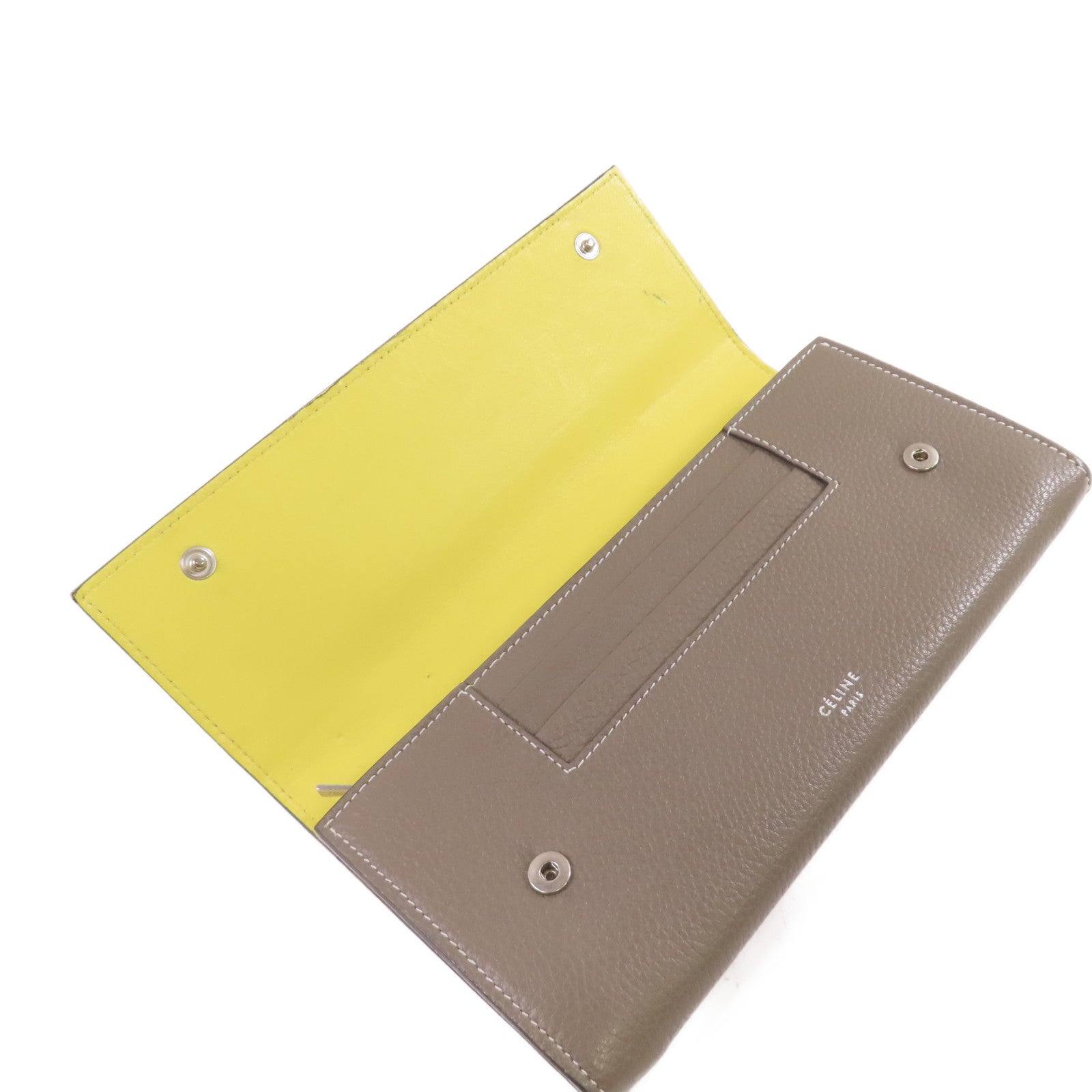 CELINE 牛皮皮革Fold Long Wallet銀扣長錢包灰色/黃色