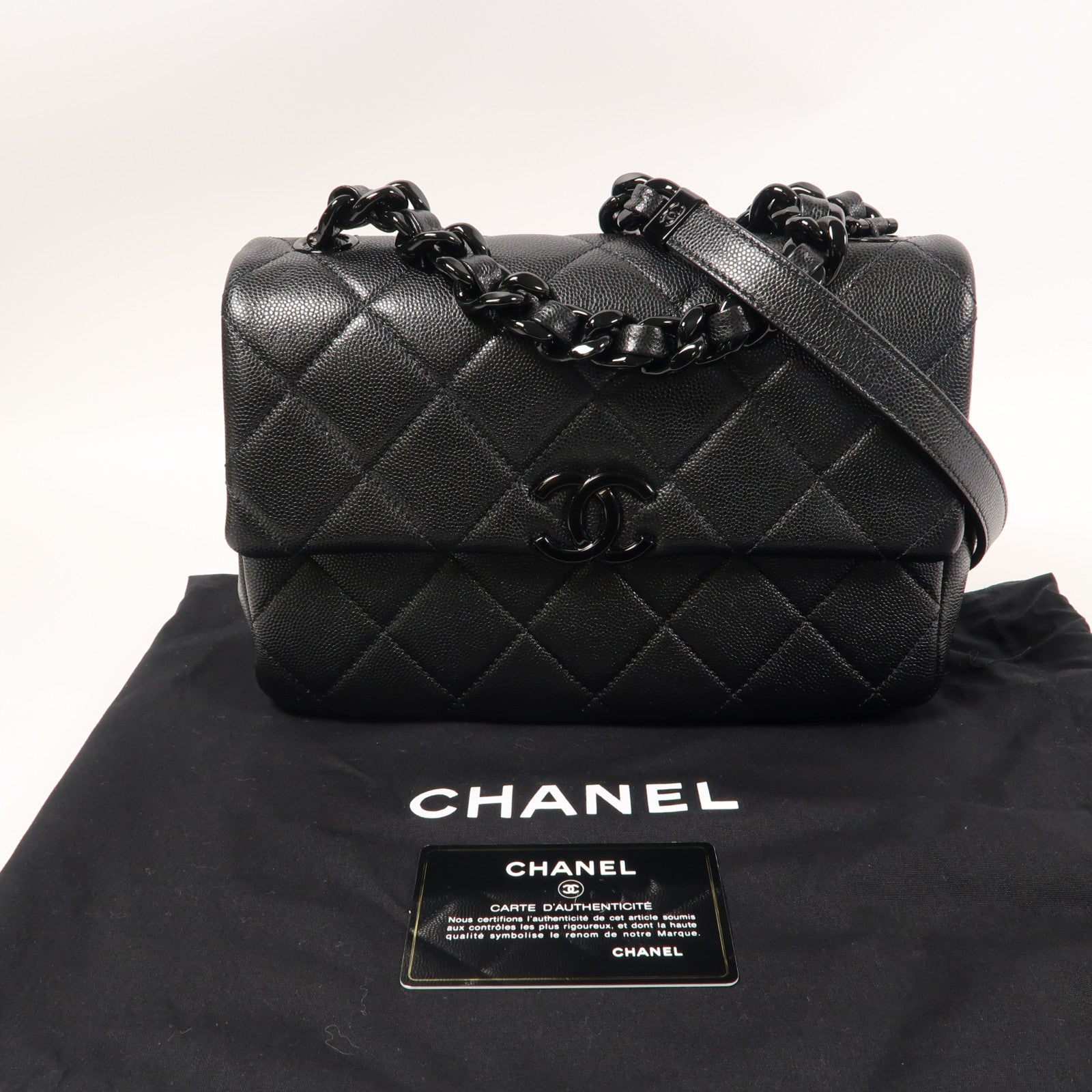 CHANEL 菱格牛皮皮革Chain Shoulder鏈帶肩背袋黑色