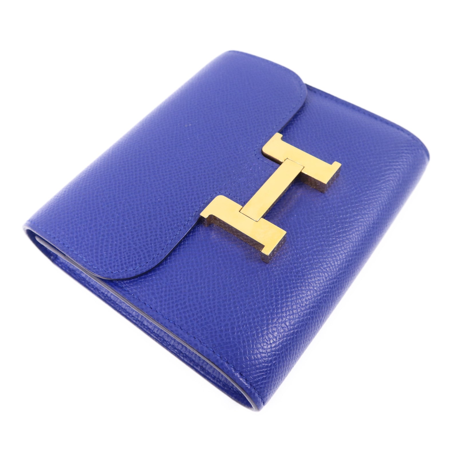 HERMES Epsom皮革Constance金扣錢包Bleu Electrique