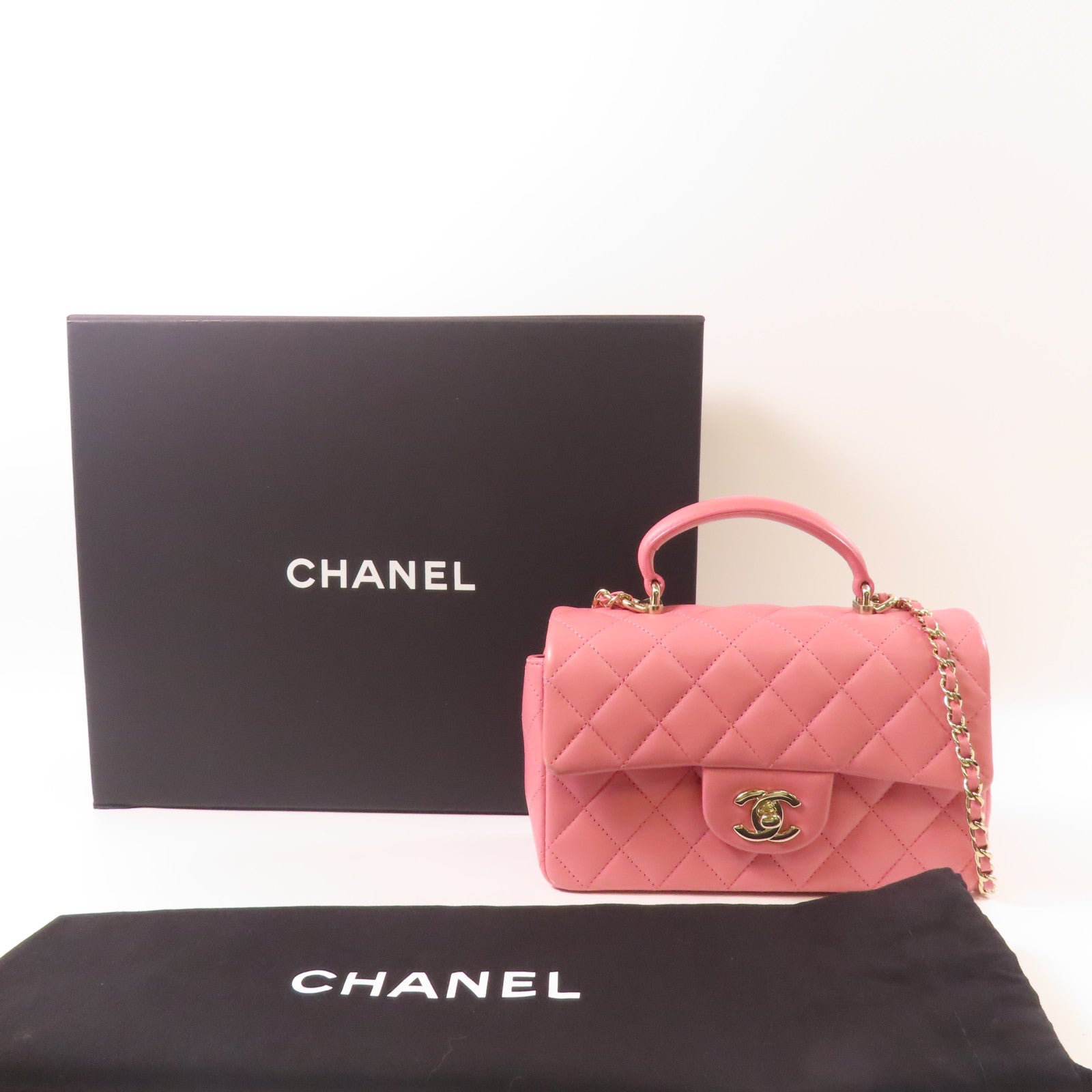 CHANEL 羊皮皮革Mini 20 With Handle銀扣手挽肩背兩用袋