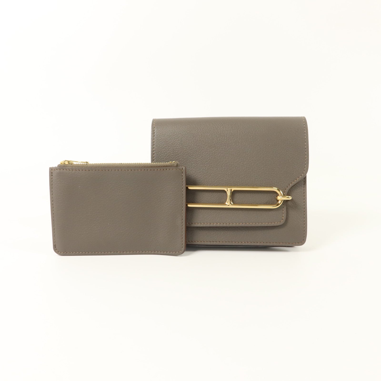 HERMES Evercolor皮革Roulis Slim金扣錢包Gris Meyer