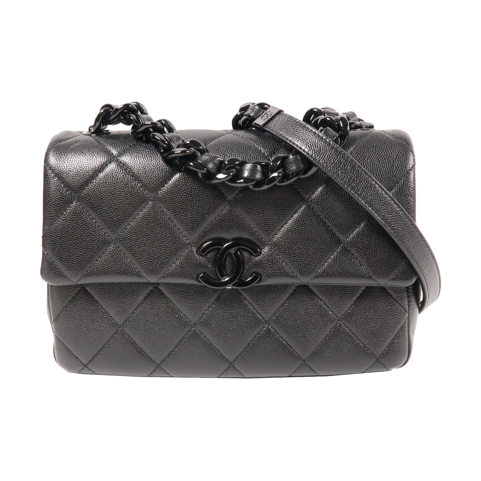 CHANEL 菱格牛皮皮革Chain Shoulder鏈帶肩背袋黑色