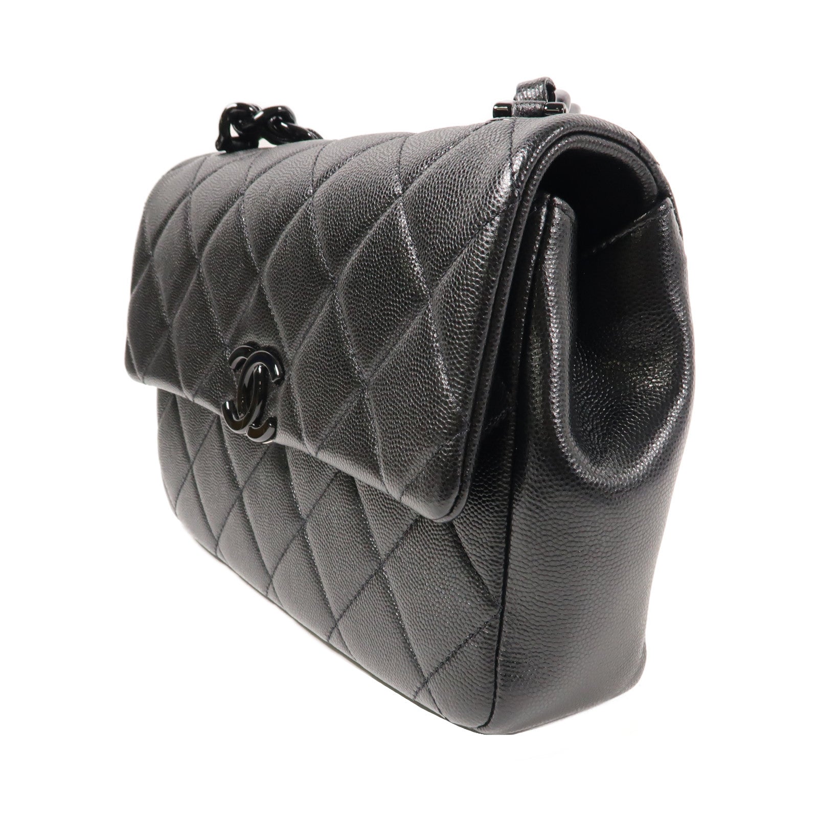CHANEL 菱格牛皮皮革Chain Shoulder鏈帶肩背袋黑色