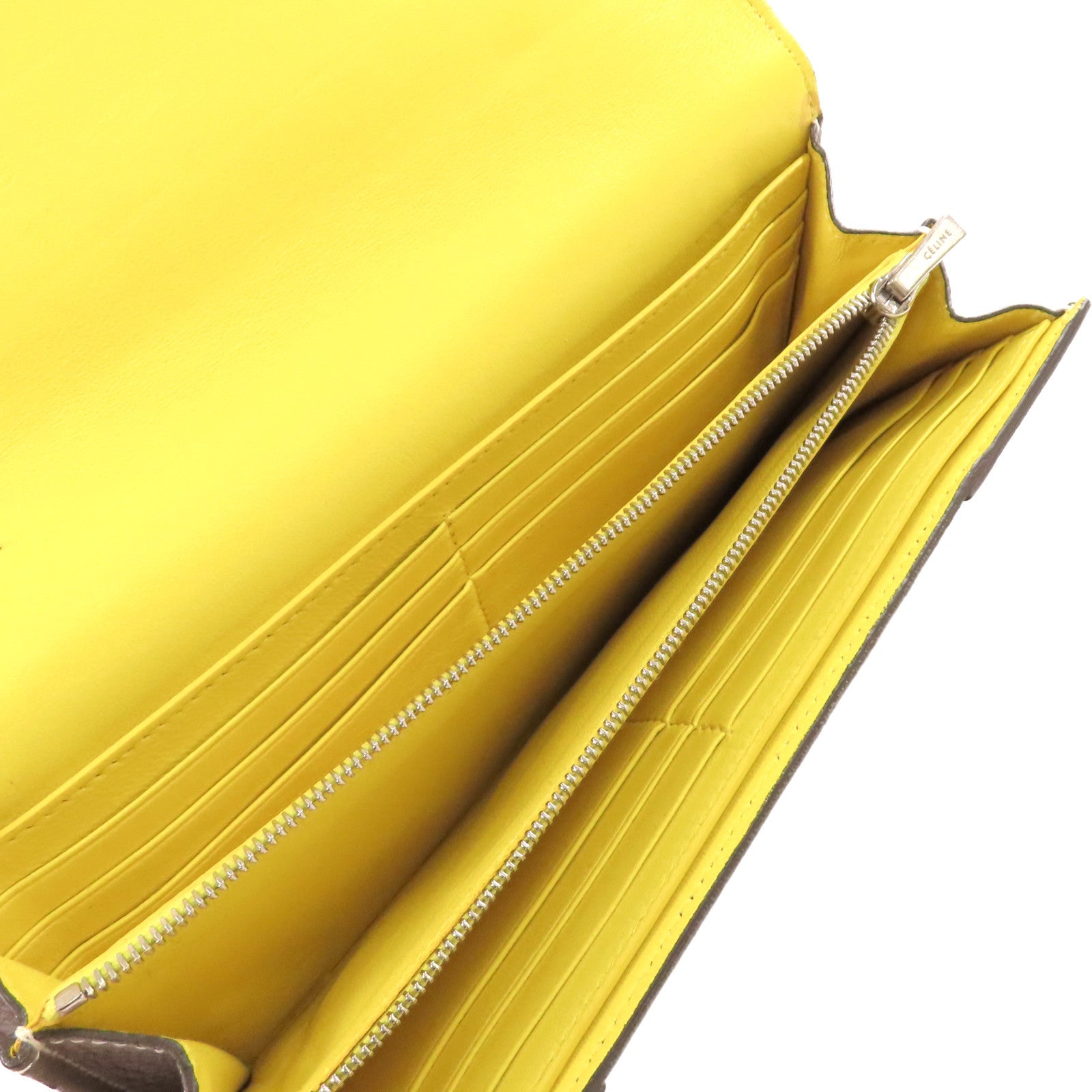 CELINE 【激減優惠】牛皮皮革Fold Long Wallet銀扣長錢包灰色/黃色