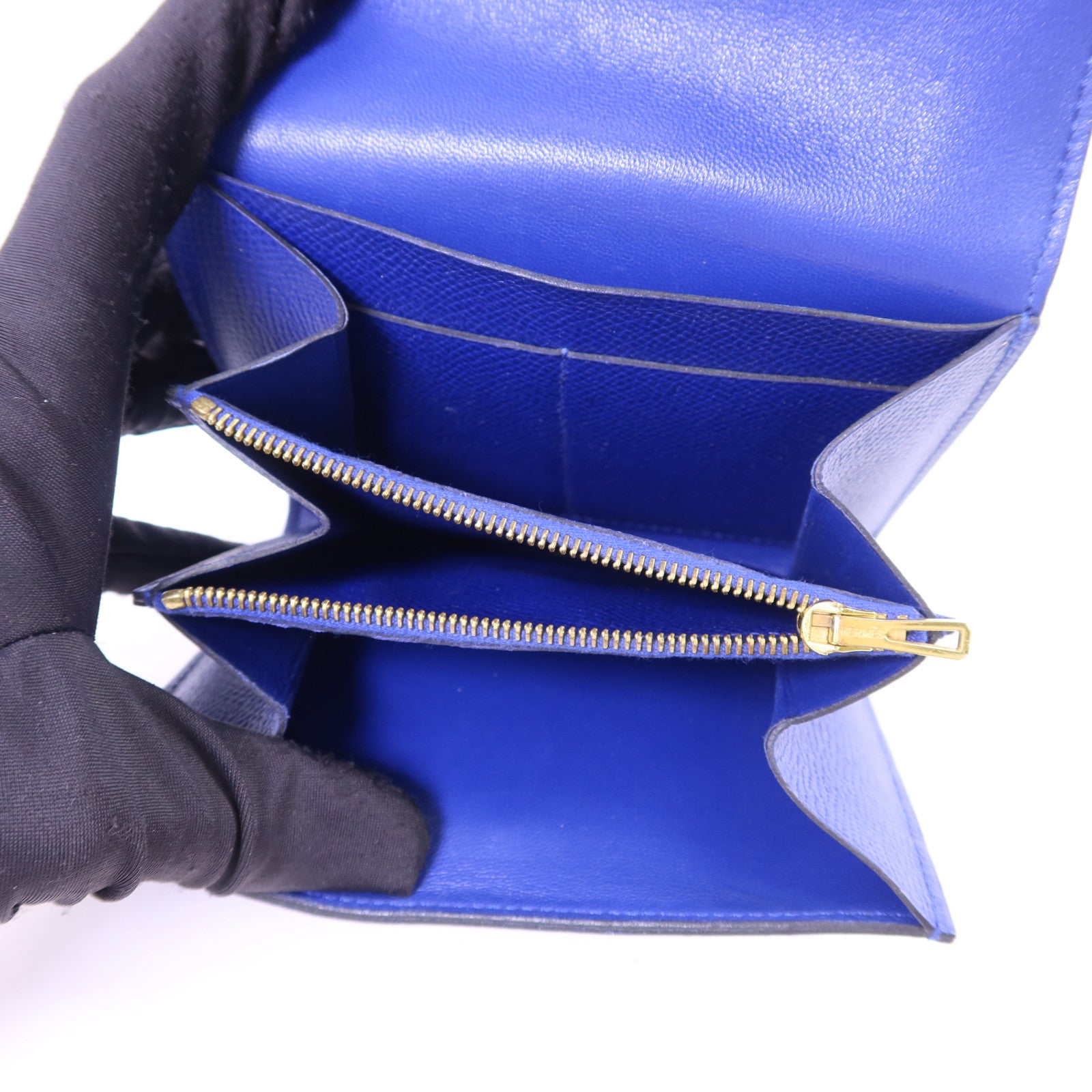 HERMES Epsom皮革Constance金扣錢包Bleu Electrique