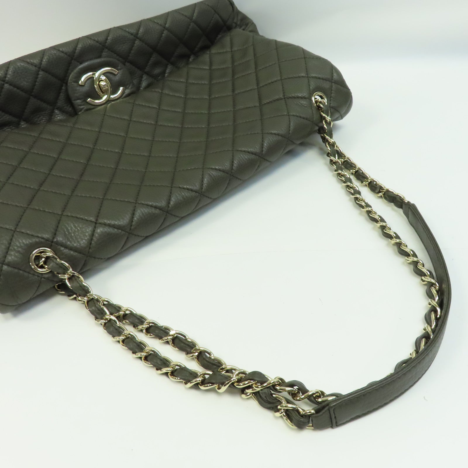 CHANEL Caviar皮革Shoulder Bag金扣鏈帶肩背袋綠色