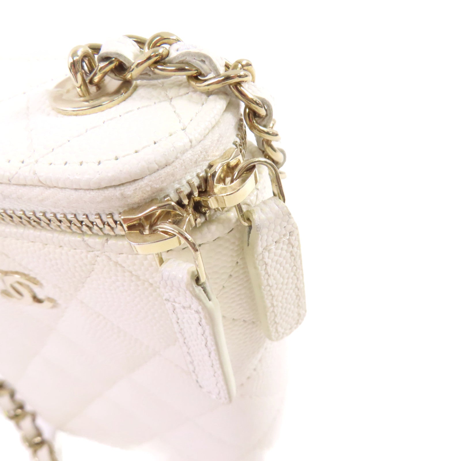 CHANEL 牛皮皮革Vanity Case Chain Shoulder Bag金扣鏈帶肩背袋白色