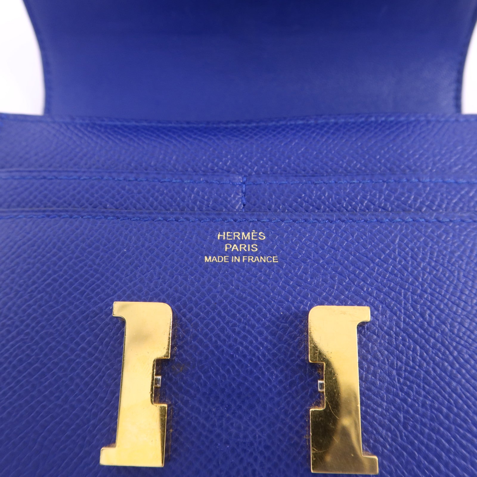 HERMES Epsom皮革Constance金扣錢包Bleu Electrique