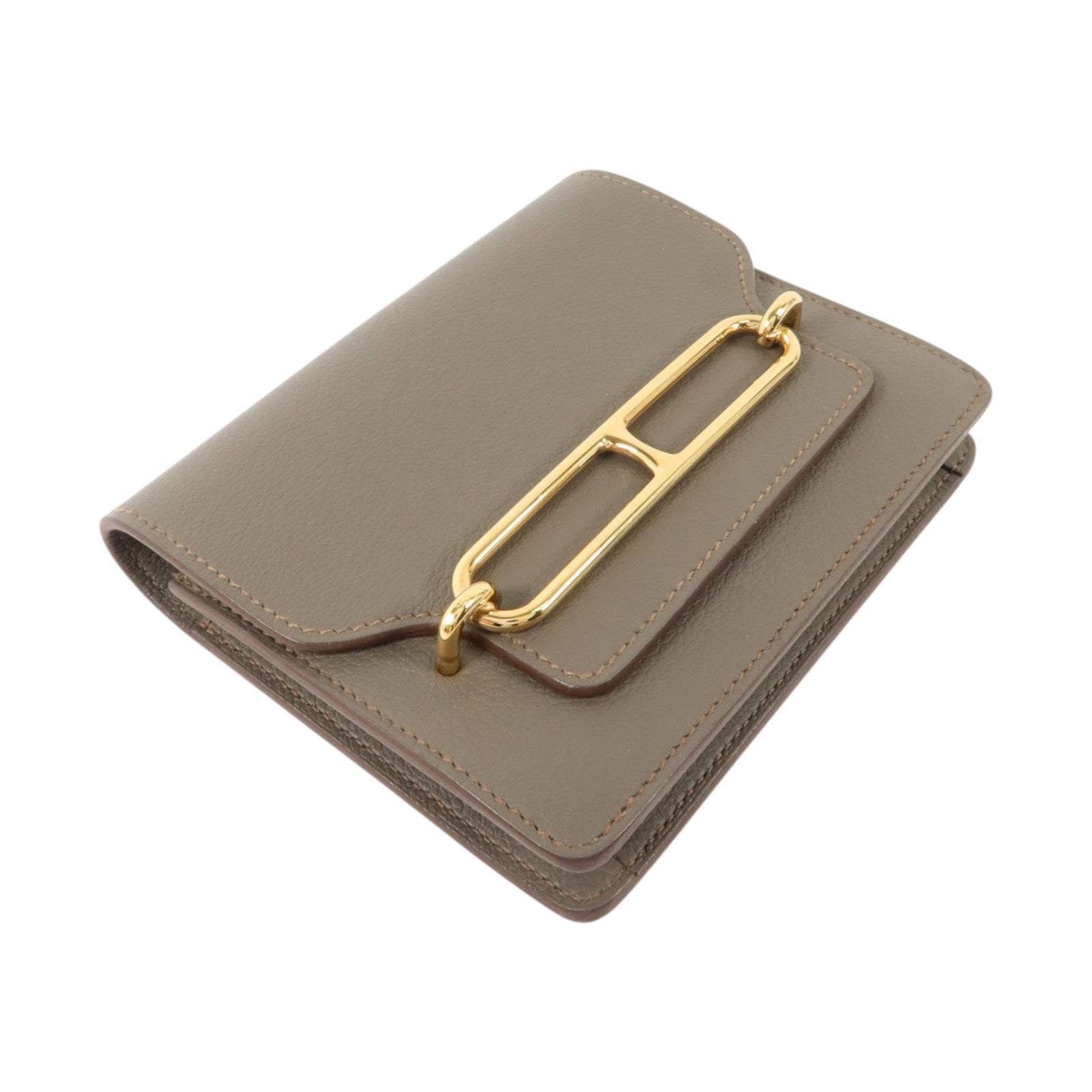 HERMES Evercolor皮革Roulis Slim金扣錢包Gris Meyer